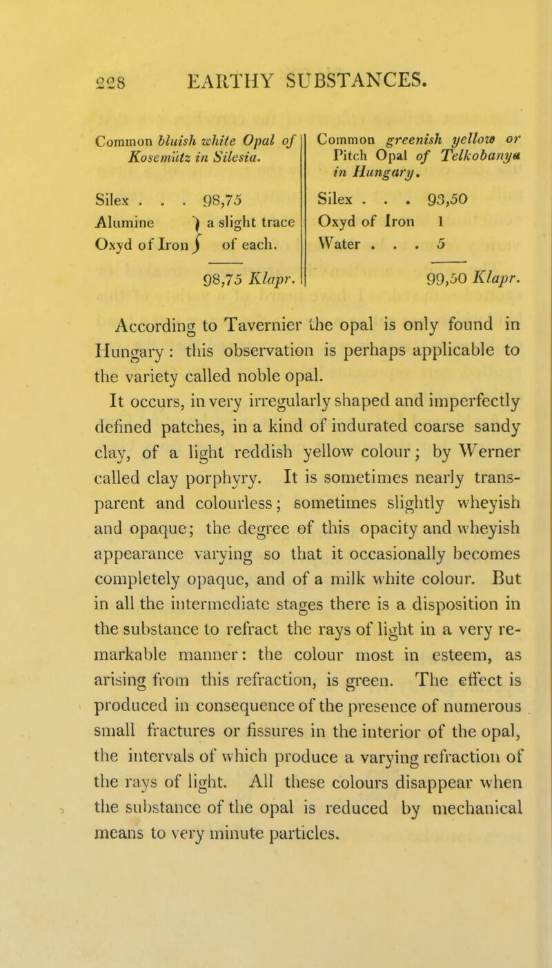 Common bluish white Opal of Kosem'dtz in Silesia. Silex . . . 98,75 Aluniine ) a slight trace Oxyd of Iron J of each. 98,75 Klapr. Common greenish yellow or Pitch Opal of Telkobanytt in Hungary. Silex . . . 93,50 Oxyd of Iron 1 Water ... 5 99,50 Klapr. According to Tavernier the opal is only found in Hungary : this observation is perhaps applicable to the variety called noble opal. It occurs, in very irregularly shaped and imperfectly defined patches, in a kind of indurated coarse sandy clay, of a light reddish yellow colour; by Werner called clay porphyry. It is sometimes nearly trans- parent and colourless; sometimes slightly wheyish and opaque; the degree of this opacity and wheyish appearance varying so that it occasionally becomes completely opaque, and of a milk white colour. But in all the intermediate stages there is a disposition in the substance to refract the rays of light in a very re- markable manner: the colour most in esteem, as arising from this refraction, is green. The etiect is produced in consequence of the presence of numerous small fractures or fissures in the interior of the opal, the intervals of which produce a varying refraction of the rays of light. All these colours disappear when the substance of the opal is reduced by mechanical means to very minute particles.