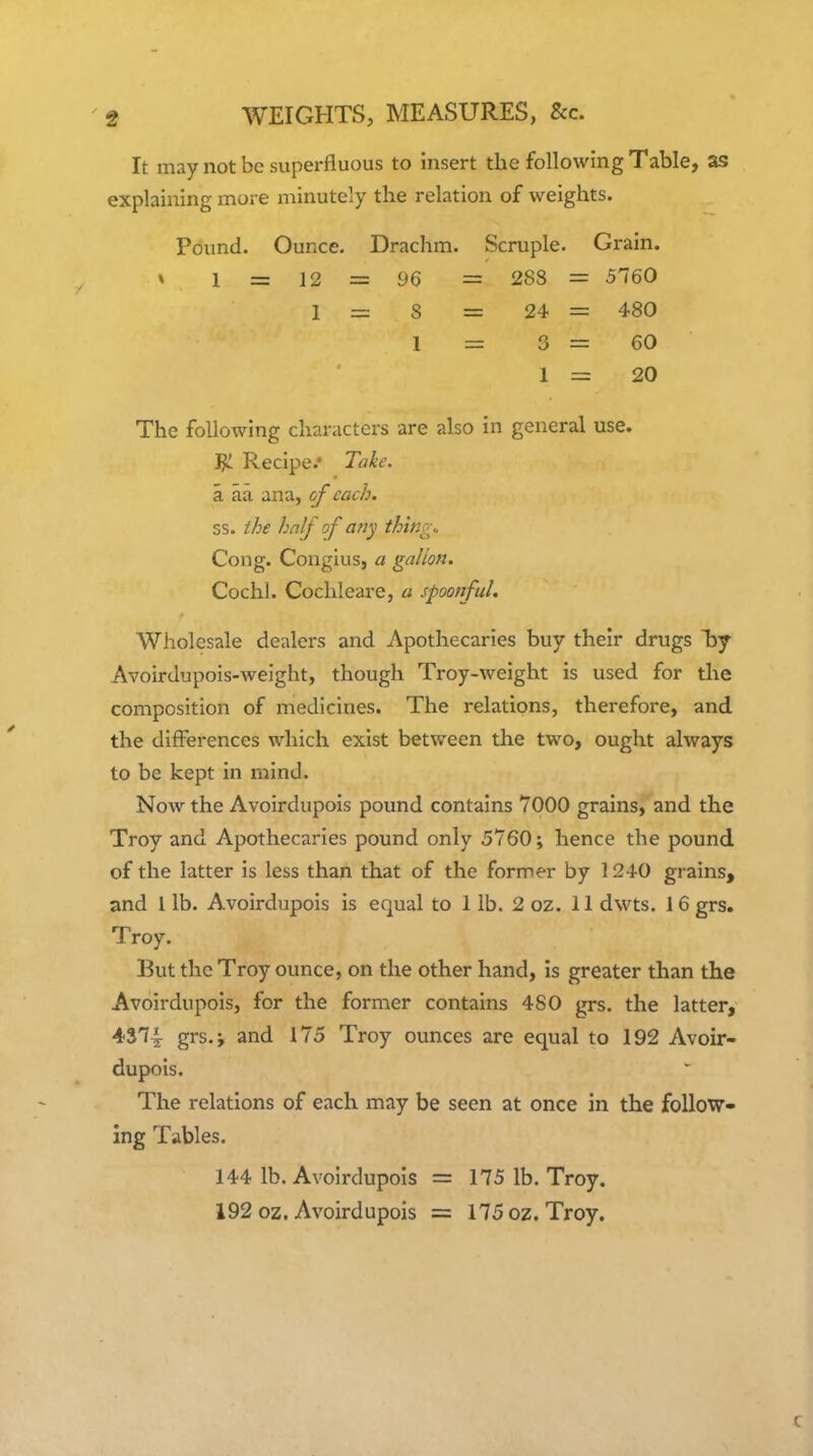 It may not be superfluous to insert the following Table, as explaining more minutely the relation of weights. Pound. Ounce. Drachm. Scruple. Grain. X 1 = 12 = 96 = 288 = 5760 1 = 8 = 24 = 480 1 = 3 = 60 1 = 20 The following characters are also in general use. JjL Recipe.* Take. a iia ana, of each. ss. the half of any thing. Cong. Congius, a galion. Cochl. Cochleare, a spoonful. Wholesale dealers and Apothecaries buy their drugs iDy Avoirdupois-weight, though Troy-weight is used for the composition of medicines. The relations, therefore, and the differences which exist between the two, ought always to be kept in mind. Now the Avoirdupois pound contains 7000 grains, and the Troy and Apothecaries pound only 5760; hence the pound of the latter is less than that of the former by 1240 grains, and 1 lb. Avoirdupois is equal to 1 lb. 2 oz. 11 dwts. 16 grs. Troy. But the Troy ounce, on the other hand, is greater than the Avoirdupois, for the former contains 480 grs. the latter, 4314- grs.v and 175 Troy ounces are equal to 192 Avoir- dupois. The relations of each may be seen at once in the follow- ing Tables. 144 lb. Avoirdupois = 175 lb. Troy. 192 oz. Avoirdupois = 175 oz. Troy. c