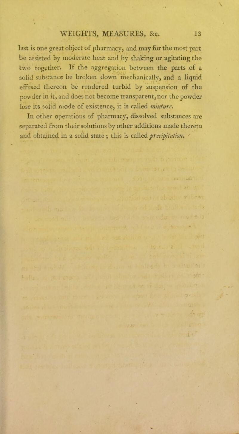 last is one great object of pharmacy, and may for the most part be assisted by moderate heat and by shaking or agitating the two together. If the aggregation between the parts of a solid substance be broken down mechanically, and a liquid effused thereon be rendered turbid by suspension of the pow Jer in it, aiid does not become transparent,nor the powder lose its solid a .ode of existence, it is called mixture. In other operitious of pharmacy, dissolved substances are separated from their solutions by other additions made thereto and obtained in a solid state; this is called precipitation. '