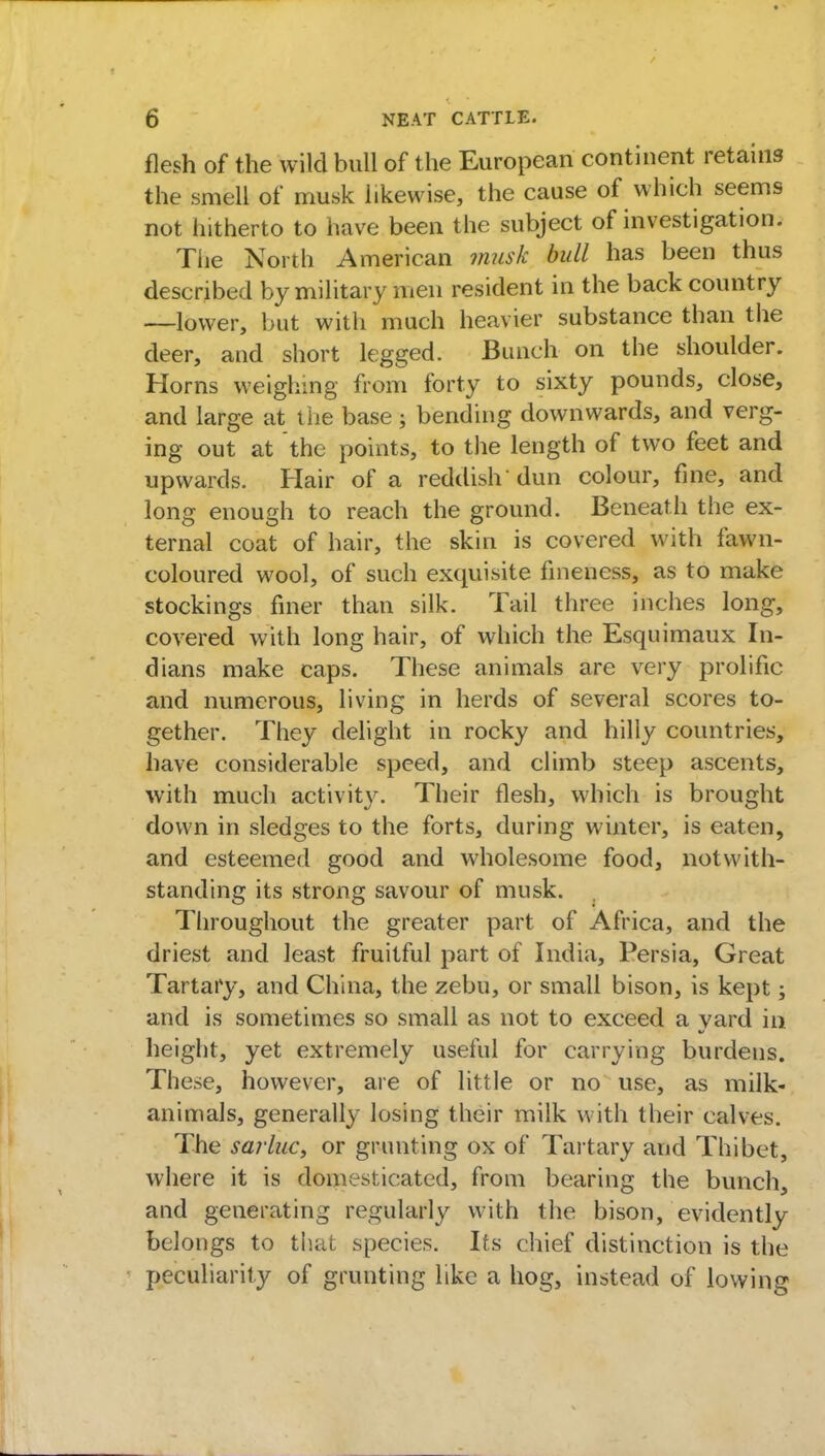 flesh of the wild bull of the European continent retains the smell of musk likewise, the cause of which seems not hitherto to have been the subject of investigation. The North American musk bull has been thus described by military men resident in the back country —lower, but with much heavier substance than the deer, and short legged. Bunch on the shoulder. Horns weighing from forty to sixty pounds, close, and large at the base 5 bending downwards, and verg- ing out at the points, to the length of two feet and upwards. Hair of a reddish-dun colour, fine, and long enough to reach the ground. Beneath the ex- ternal coat of hair, the skin is covered with fawn- coloured wool, of such exquisite fineness, as to make stockings finer than silk. Tail three inches long, covered with long hair, of which the Esquimaux In- dians make caps. These animals are very prolific and numerous, living in herds of several scores to- gether. They delight in rocky and hilly countries, have considerable speed, and climb steep ascents, with much activity. Their flesh, which is brought down in sledges to the forts, during winter, is eaten, and esteemed good and wholesome food, notwith- standing its strong savour of musk. Throughout the greater part of Africa, and the driest and least fruitful part of India, Persia, Great Tartary, and China, the zebu, or small bison, is kept; and is sometimes so small as not to exceed a vard in height, yet extremely useful for carrying burdens. These, however, are of little or no use, as milk- animals, generally losing their milk with their calves. The sarluc, or grunting ox of Tartary and Thibet, where it is domesticated, from bearing the bunch, and generating regularly with the bison, evidently belongs to that species. Its chief distinction is the peculiarity of grunting like a hog, instead of lowing