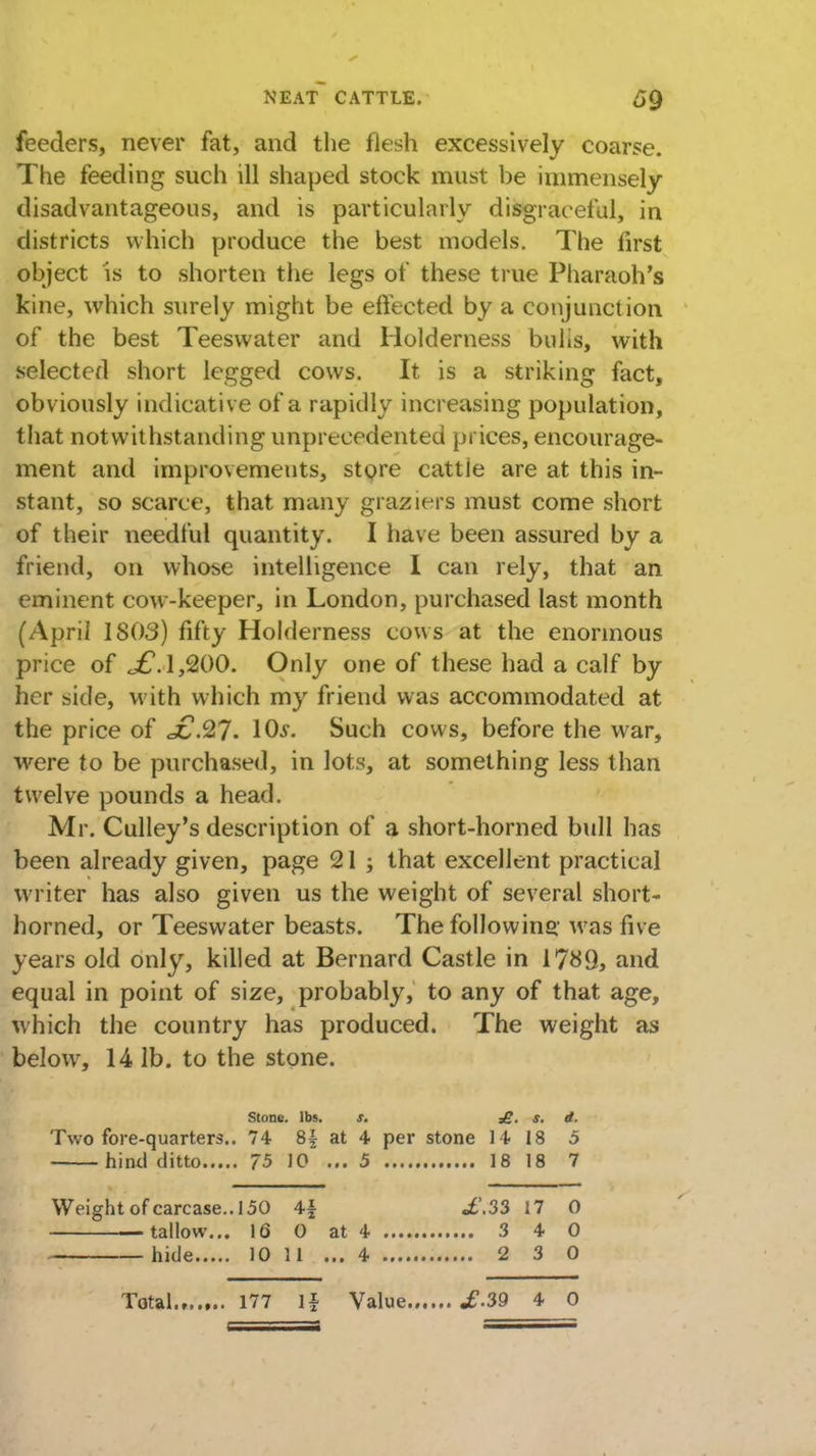 feeders, never fat, and the flesh excessively coarse. The feeding such ill shaped stock must be immensely disadvantageous, and is particularly disgraceful, in districts which produce the best models. The first object is to shorten the legs of these true Pharaoh's kine, which surely might be effected by a conjunction of the best Teesvvater and Holderness bults, with selected short legged cows. It is a striking fact, obviously indicative of a rapidly increasing population, that notwithstanding unprecedented prices, encourage- ment and improvements, store cattle are at this in- stant, so scarce, that many graziers must come short of their needful quantity. I have been assured by a friend, on whose intelligence I can rely, that an eminent cow-keeper, in London, purchased last month (April 1803) fifty Holderness cows at the enormous price of £. 1,200. Only one of these had a calf by her side, with which my friend was accommodated at the price of 10s. Such cows, before the war, were to be purchased, in lots, at something less than twelve pounds a head. Mr. Culley's description of a short-horned bull has been already given, page 21 ; that excellent practical writer has also given us the weight of several short- horned, or Teeswater beasts. The following w as five years old only, killed at Bernard Castle in 1789, and equal in point of size, probably, to any of that age, which the country has produced. The weight as below, 14 lb. to the stone. Stone, lbs. s. £. s. d. Two fore-quarters.. 74 8£ at 4 per stone 14 18 5 hind ditto 75 10 ... 5 18 18 7 Weight of carcase.. 150 4± £.33 17 0 tallow... 16 0 at 4 3 4 0 hide 10 11 ... 4 2 3 0 Total 177 If Value .£.39 4 0