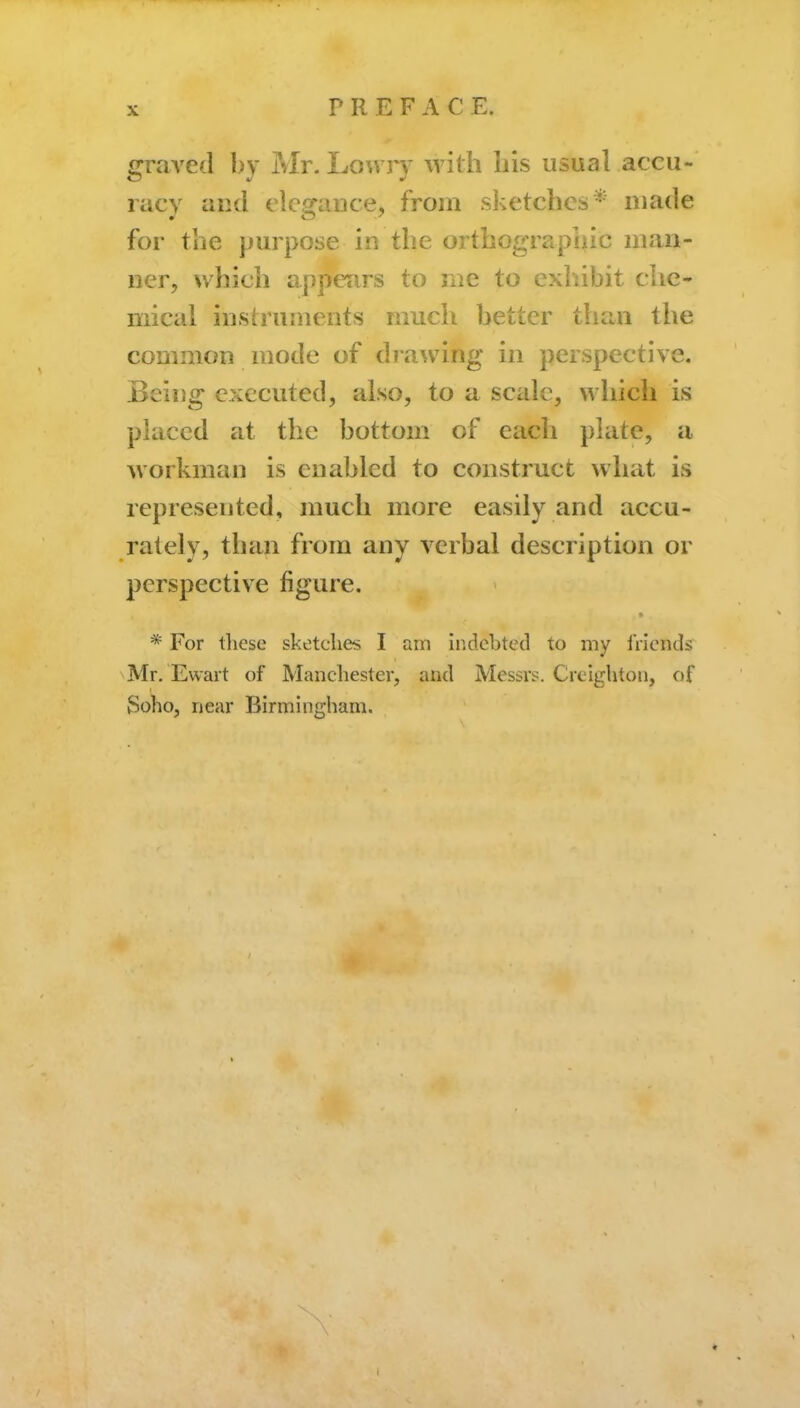 graved by Mr. Lou ry with his usual accu- racy and elegance, from sketches* made for the purpose in the orthographic man- ner, which appears to nie to exliibit che- mical instruments nmch better than the common mode of diawing in perspective. Being executed, also, to a scale, which is placed at the bottom of each plate, a workman is enabled to construct what is represented, much more easily and accu- rately, than from any verbal description or perspective figure. * For tliese sketches I am indebted to my iVicnds Mr. Ewart of Manchester, and Messrs. Crcighton, of Soho, near Birmingham.