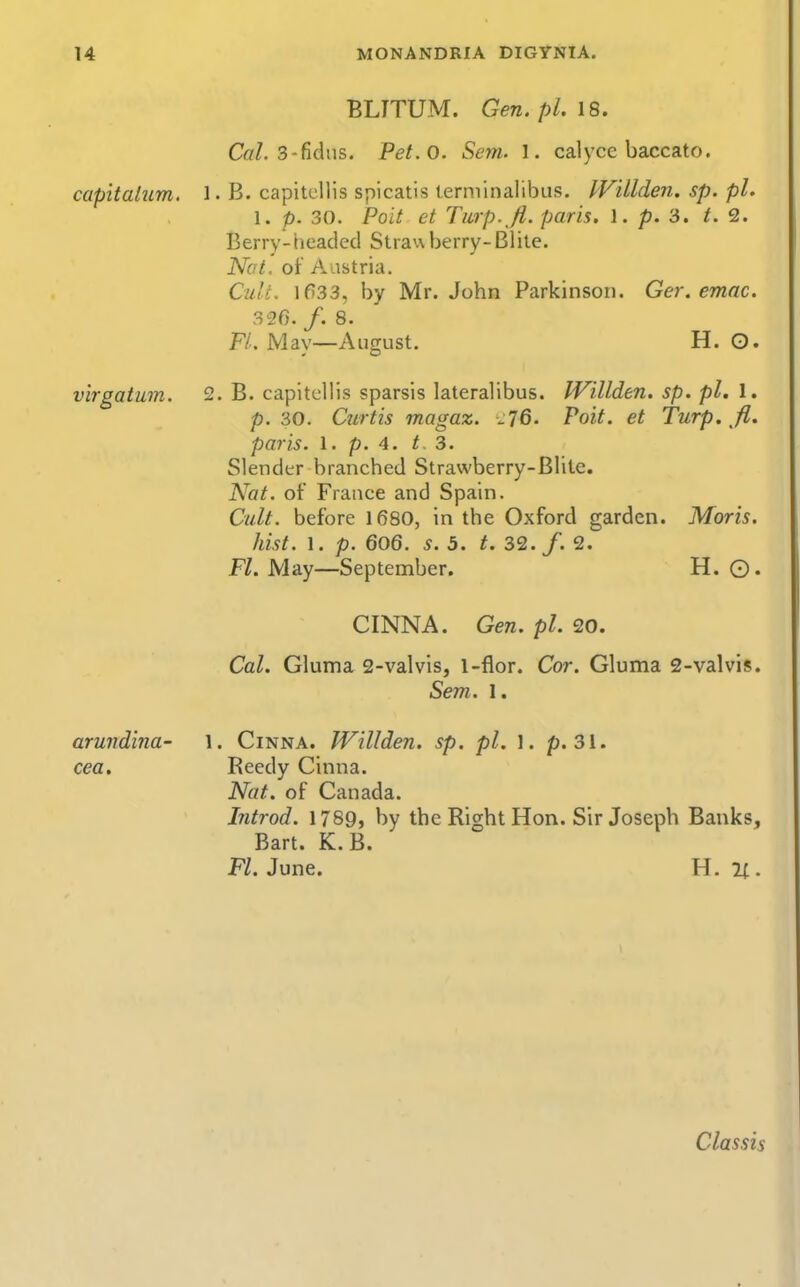 BLTTUM. Gen. pi. 18. CgZ. 3-fidns. Pet.O. Sem. 1. calyce baccato. capitatum. 1. B. capitellis spicatis terniinalibus. PVillden. sp. pL 1. p. 30. Poit et Turp.^/i. pans. 1. p. 3. t. 2. Berry-headed Straw berry-Blite. Nat. of Austria. CulL lfi33, by Mr. John Parkinson. Ger. emac. 326. /. 8. F/. May—August. H. O. v'lrgatum. 2. B. capitellis sparsis lateralibus. IVillden. sp. pi. 1. p. 30. Curtis magaz. \.76. Poit. et Turp. jl. paris. 1. p. 4. t. 3. Slender branched Strawberry-Blite. Nat. of France and Spain. Cult, before 1680, in the Oxford garden. Moris. hist. 1. p. 606. s. 5. t. 32./. 2. FZ. May—September. H. O. CINNA. Gen. pi. 20. Cal. Gluma 2-valvis, 1-flor. Cor. Gluma 2-valvis. Sem. 1. arundina- 1. Cinna. JVillden. sp. pi. 1. p. 31. cea. Reedy Cinna. Nat. of Canada. Introd. 1789, by the Right Hon. Sir Joseph Banks, Bart. K.B. Fl. June. H. . Classis