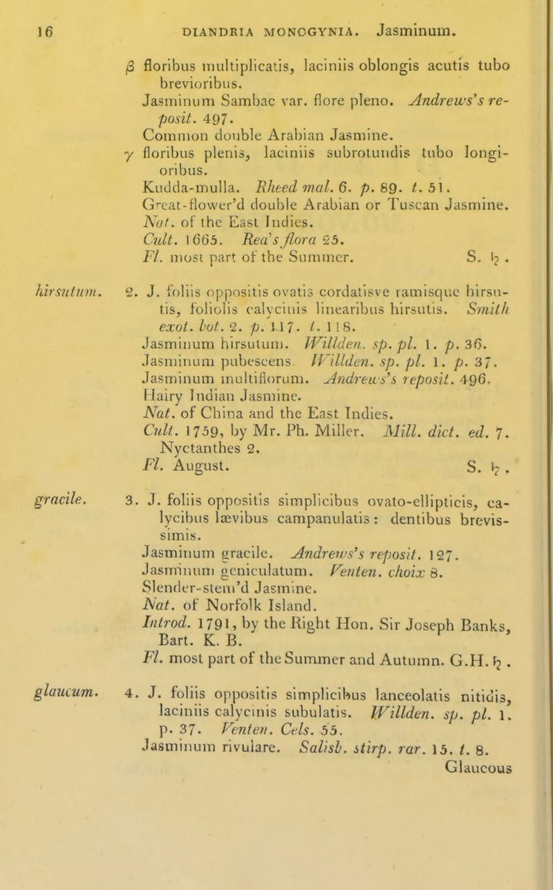 /3 floribus ituiltiplicaiis, laciniis oblongis acutis tubo brevioribus. Jasminum Sambac var. flore pleno. Aridrews's re- posit. 497. Common double Aral)ian Jasmine. 7 floribus plenis, laciniis subrotutidis tubo longi- oribus. Kudda-mulla. Rheed mal. 6. p. 89. t. b\. G'-cat-fiower'd double Arabian or Tuscan Jasmine. Nut. of the East Indies. Cidt. 1663. Rea'sflora 25. Fl. most part of the Summer. S. . hirsutum. 2. J. foliis oppositis ovatis cordatisve ramisquc hirsu- tis, foliolis calycinis linearibus hirsutis. Smith exot. hot. <l. p.l\i. /.lis. Jasminum hirsutum. IVillden. sp. pi. I. p. 36. Jasminum pubescens IFilldeii. sp. pi. 1. p. 37. Jasminum multifiorum. Andreas's reposit. 496. Hairy Indian Jasmine. Nat. of China and the East Indies. Cult. 1759, by Mr. Ph. Miller. Mill. diet. ed. 7. Nyctanthes 2. FL August. S. I? . 3. J. foliis oppositis simplicibus ovato-ellipticis, ca- lycibus loevibus campanulatis : dentibus brevis- simis. Jasminum graclle. Andrews's reposit. 127. Jasminum gcniculatum. Lenten, cfioix d. Slender-slem'd Jasmine. Nat. of Norfolk Island. Introd. 1791, by the Right Hon. Sir Joseph Banks, Bart. K. B. Fl. most part of the Summer and Autumn. G.H. \i . 4. J. foliis oppositis simplicibus lanceolatis nitidis, laciniis calycinis subulatis. WiUden. sp. pi. 1. p. 37. Venteii. Cels. 55. Jasminum rivularc. Salisb. stirp. rar. 15. 8. Glaucous gracile. glojicum.