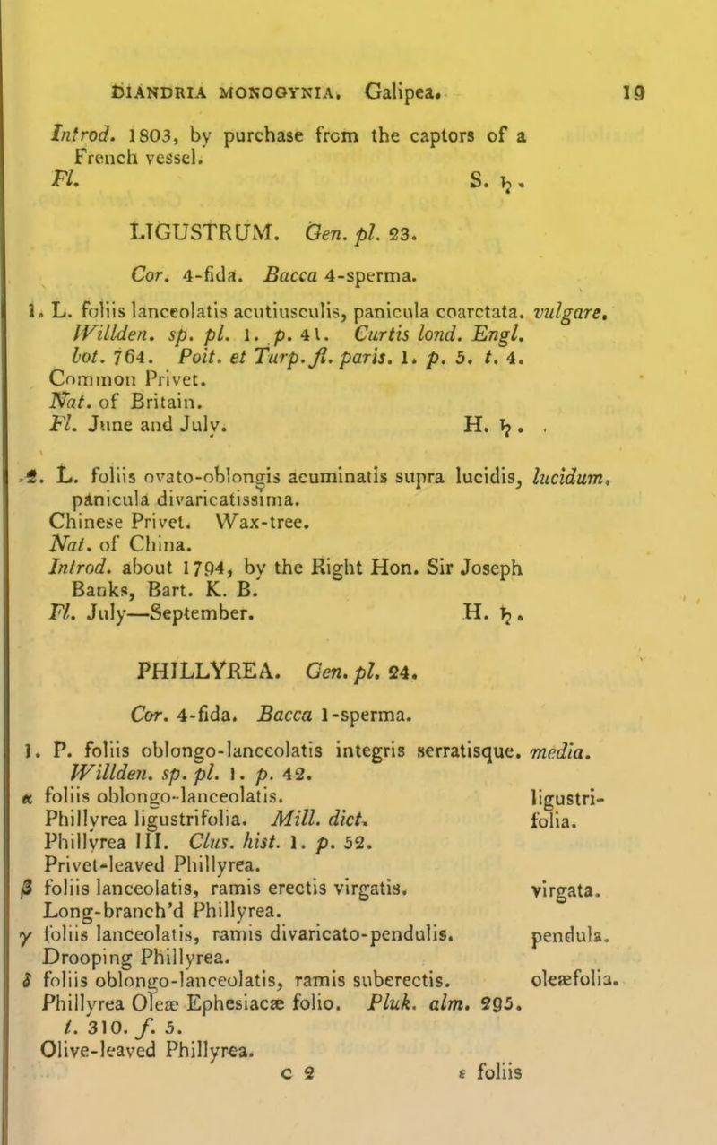 Infrod. 1803, by purchase from ihe captors of a French vessel. Fl. S. Tj. LTGUSTRUM. Oen. pi. 23. Cor. 4-fida. Bacca 4-sperma. 1. L. foiiis lanceolatls acutiusculis, panicula coarctata. vulgare, JVillden. sp. pi. \. p. i\. Curtis lond. Engl, lot. 764. Poit. et Turp.Jl. paris. 1. p. 5, t, 4. Common Privet. Nht. of Britain. Fl. June and July. H. Tj. , . L. folils ovato-obiongis acumlnatls supra lucidis^ lucidum, panicula divaricatissima. Chinese Privet. Wax-tree. Nat. of China. Jntrod. about 17P4, bv the Right Hon. Sir Joseph Banks, Bart. K. B.' Fl. July—September. H. ^ . PHILLYREA. Gen. pi. 24. Cor. 4-fida. Bacca 1-sperma. 1. P. follis oblongo-lanccolatis integris serratisque. media. IVillden. sp. pi. 1. p. 42. « foiiis oblongo-lanceolatis. ligustri- Phillyrea ligustrifolia. Mill, dict^ folia. Phillyrea III. CLm. hist. 1. p. 52. Privet-leaved Phillyrea. |3 foiiis lanceolatis, ramis erectis virgatis, vlrgata. Long-branch'd Phillyrea. y foiiis lanceolatis, ramis divarlcato-pendulis. pendula. Drooping Phillyrea. ^ foiiis obloniTo-lanceolatls, ramis suberectis. oleaefolia. Phillyrea OTesc Ephesiacje folio. Pluk. aim. 295. /. 310. /. 5. Olive-leaved Phillyrea. c 2 e follis