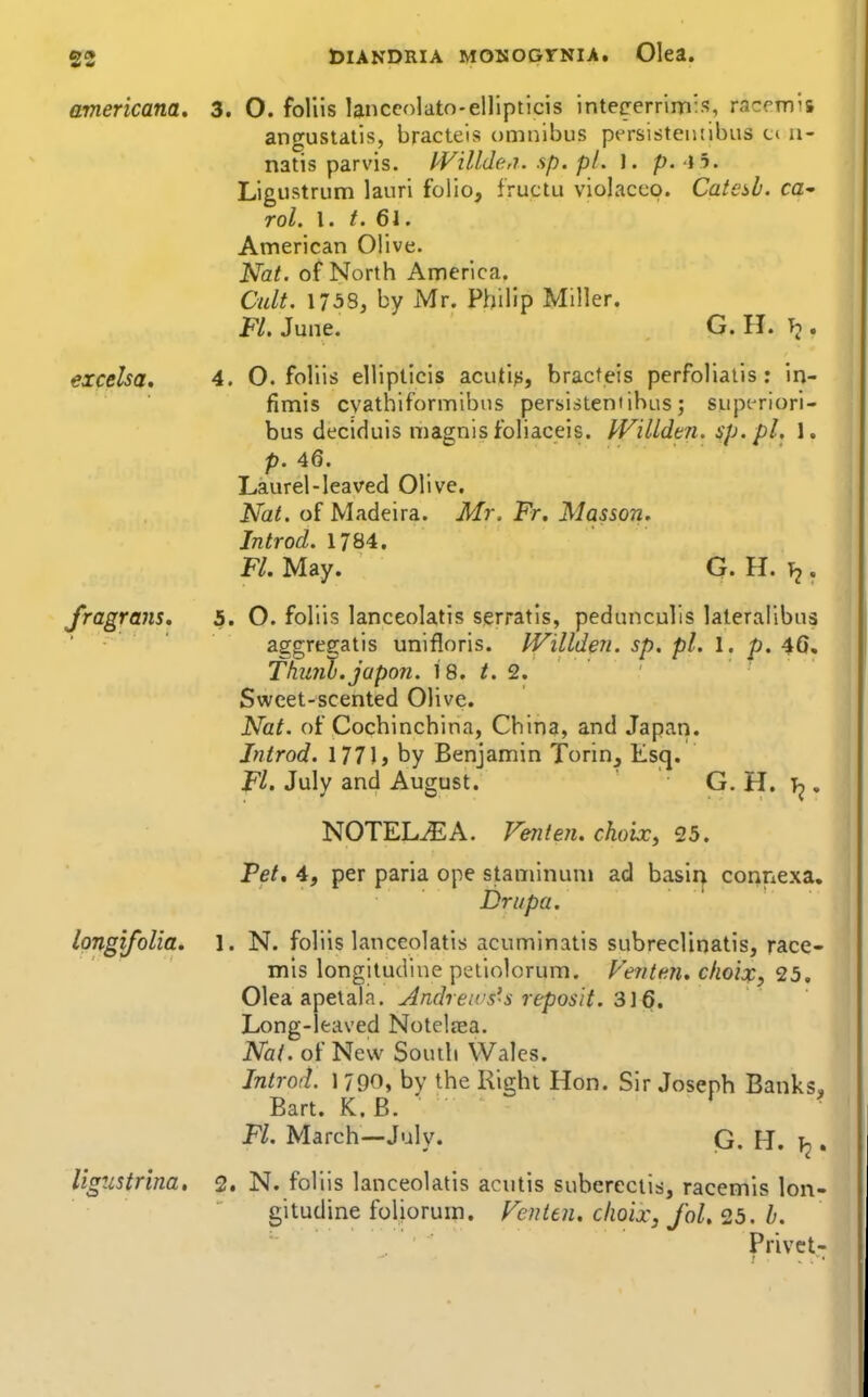 americana. 3. O. foliis lanccolato-ellipticis intecerrimis, racemis angusutis, bracteis omnibus pi^rsisteniibus ci n- natis parvis. l¥illde,i. sp. pi. J. p. ii. Ligiistrum lauri folio, fructu violacco. Catab. ca- rol. 1. t. 61. American Olive. Nat. of North America. Cult. 1758, by Mr. Philip Miller. excelsa. fragrans. Fl. June. G.H. T? 4. O. foliis ellipticis acutif?, bracteis perfolialis: in- fimis cyathiformibns persistemibus; supcriori- bus deciduis magnis foliaceis. IVilLden. sp.pl. 1. p. 46. Laurel-leaved Olive. jVa^. of Madeira. Mr. Fr. Masson, Introd. 1784. FL May. G. H. . 5. O. foliis lanceolatis serratis, pedunculis lateralibus aggregatis unifloris. IVilldeii. sp. pi. 1. p. 4G, Thinib.jupon. 18. 2. Sweet-scented Olive. Nat. of Cochinchina, China, and Japan. Introd. 1771> by Benjamin Torin, Esq. Fl. July and August. G. H. . NOTEL^A. Fenieii. choix, 25. Pet, 4f per paria ope staniinunj ad basii> connexa, Driipa. longifoUa. l. N. foliis lanceolatis acuminatis subreclinatis, race- mis longitudine petiolorum. Fentm, choijc, 23, Oleaapelala. Andren s's reposH. 3\6, Long-leaved Notelaea. Nat. of New South Wales. Introd. 1 790, by the Right Hon. Sir Joseph Banks- Bart. K.B. ■ Fl. March—July. G. H. . ligustrina, 2. N. foliis lanceolatis acutis subereciis, racemis lon- gitudine foliorum. Fenteiu choix, J'oL^b. h. Privet-