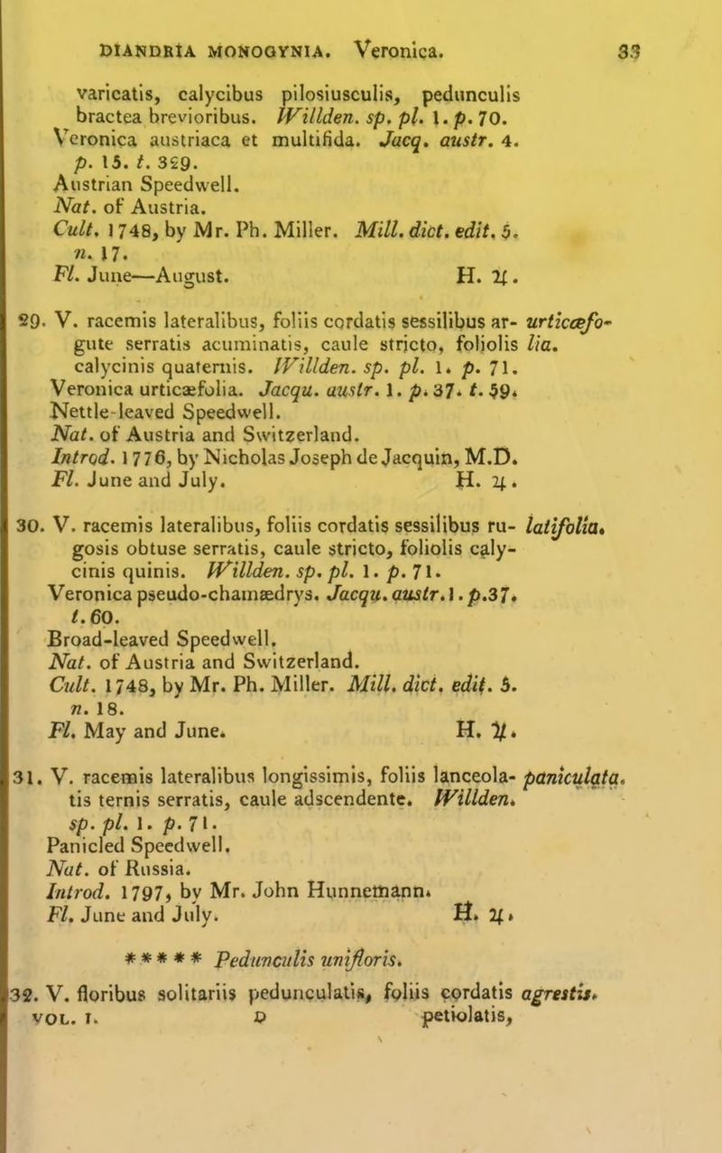 varicatis, calycibus pllosiusculis, pedunculis bractea brevioribus. tVillden. sp. pi. \ .p. 70. Veronica austriaca et multifida. Jacq, austr. 4. p. 15. /. 3£9. Austrian Speedwell. Nat. of Austria. Cult. 1748, by Mr. Ph. Miller. Mill. diet. edit. 5. n. 17. FL June—August. H. 11 • 29. V. racemis lateralibus, foliis cordatis sessilibus ar- urticcefo- gute serratis acurainatis, caule strjcto, foljolis lia. calycinis quafemis. IVillden. sp. pi. 1* p. 71. Veronica urticaefolia. Jacqu. austr. 1. p» 37. t. ^g* Nettle-leaved Speedwell. Nat. ot Austria and Switzerland. Introd. 1776, by Nicholas Joseph de Jacquin, M.D. F/. June and July. il. 4« 30. V. racemis lateralibus, foliis cordatis sessilibus ru- latifolia* gosis obtuse serratis, caule stricto, foliolis caly- cinis quinis. IVillden. sp. pi. 1. p. 71 • Veronica pseudo-chamaedrys. Jacqiu ausir.l. p.37* t.60. Broad-leaved Speedwell. Nat. of Austria and Switzerland. Cult. 1748, by Mr. Ph. Miller. Alill. diet. edit. 5. n. 18. Fl, May and June* H. %» 31. V. racemis lateralibus longissimis, foliis lanceola- pankulqta. lis ternis serratis, caule adscendentc. lVillden<. sp. pi. 1. p.l\. Panicled Speedwell, Nat. of Russia. Introd, 1797i by Mr. John Hunnetnann* Fl. June and July. I|» 2;» # * » ♦ * Peduvcitlis umjloris, 32. V. floribus solitariis pedunculalis, foliis cprdatis agrestis^ . VOL. I. t> petiolatis,