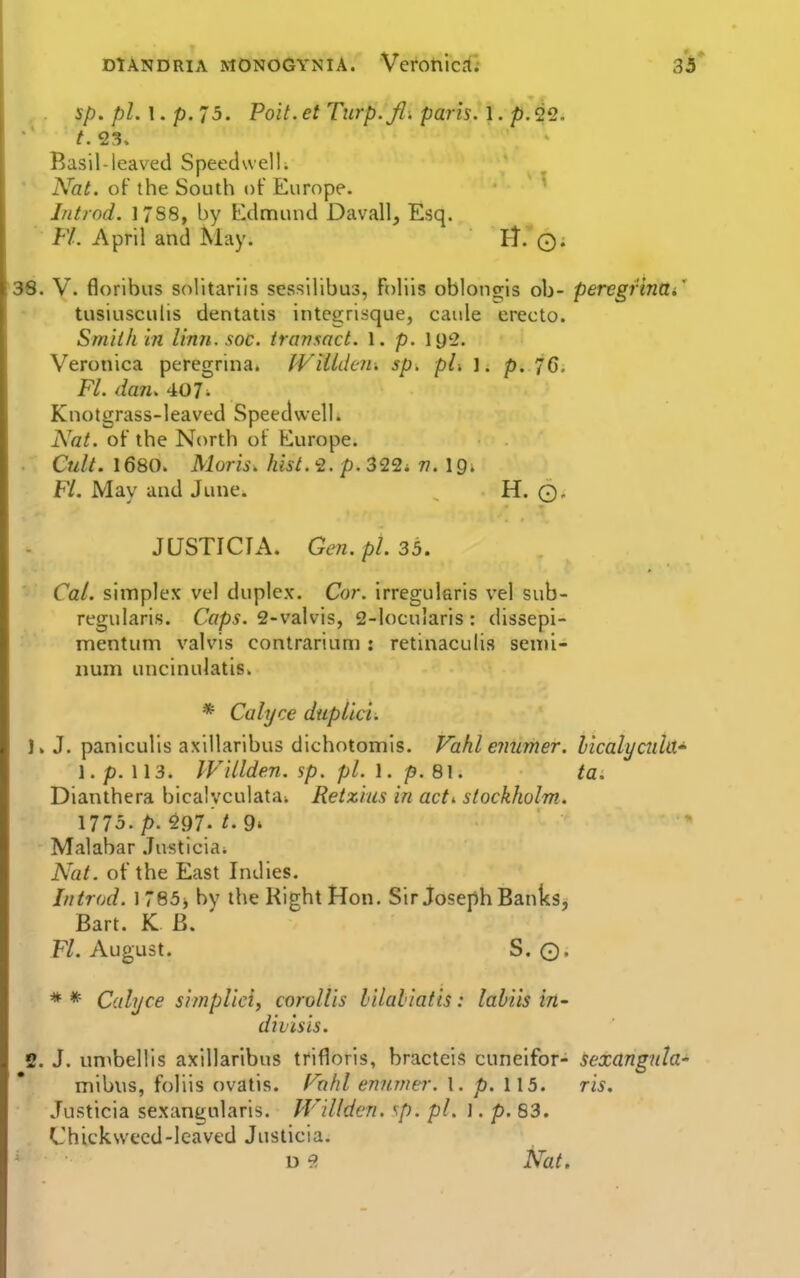 sp. pi.\. p. 75. Poit.et Tnrp.fl. paris. I. p.2Q. Basil-leaved Speedwell. * Nat. of the South of Europe. Introd. 17S8, by Edmund Davall, Esq. Fl. April and May. I^. Oi 36. V. floribus solitarlis sessllibus, Foliis oblongis ob- peregrinai tusiuscuHs dentatis integrisque, caule erecto. Smith in linn.soc. tranxact. 1. p. lys. Veronica peregrina. IVitidcn. sp. pi. l. p. 76. Fl. dan. 407. Knotgrass-leaved Speedwell. Nat. of the North of Europe. Cult. 1680. Moris, hist. 2. p. 322i 77. 19. Fl. May and June. H. ©„ JUSTICIA. Gen. pi. 35. Ca/. simplex vel duplex. Cor. irregularis vel sub- regularis. Caps. 2-valvis, 2-locularis : dissepi- mentum valvis contrariuni: retinaculis senii- iium uncinulatis. * Calyce duplici. 1. J. paniculis axillaribus dichotomis. Vahl emimer. licalyciila- 1. p. 113. WiLlden. sp. pi. 1. p. 81. ta^ Dianthera bica'vculatai Retzius in acti Stockholm. nib.p.^i. t.9. Malabar Justiciar Nat. of the East Indies. Introd. I765j by the Right Hon. Sir Joseph Banks, Bart. K B. Fl. August. S. ©. * * Calyce simplici, corollis lilahiatis: lahiis in- divlsis. 2. J. umbellis axillaribus trifloris, bractcis cuneifor- sexangula mibus, foliis ovatis. Fahl ermmer. I. p. 115. ris. Justicia sexangularis. Wdlden. sp. pi. 1. p. 83. . Chicksveed-leaved Justicia. D 9. Nat,