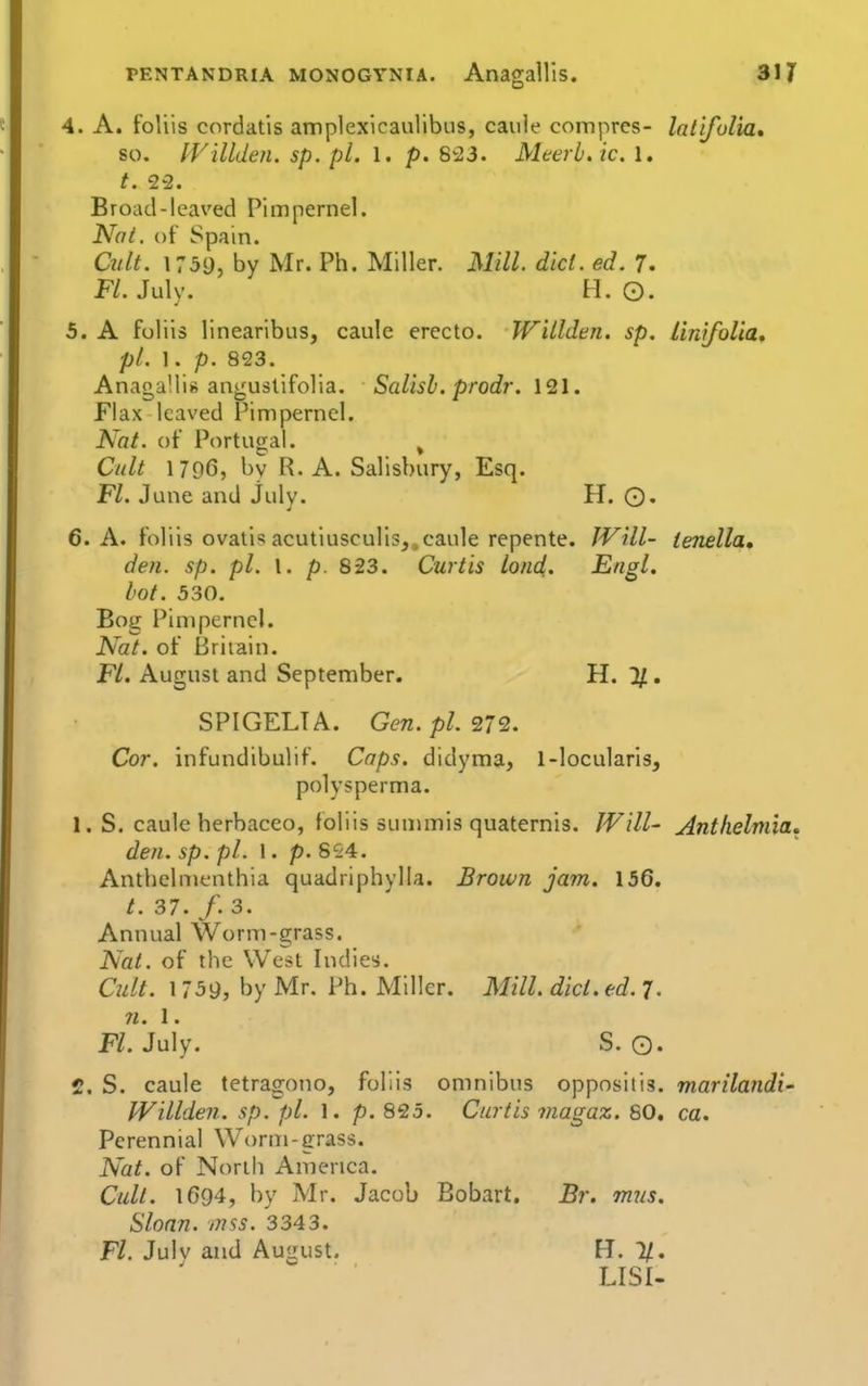 4. A. foliis cordatis amplexicaulibus, caule compres- lalifulia, so. lVillden.sp.pl. 1. p. 823. Mterb. ic. \. t. 22. Broad-leaved Pimpernel. Nat. of Spain. Cult. 1751), by Mr. Ph. Miller. Mill. did. ed. 7. Fl. July. H. O. 5. A foliis linearibus, caule erecto. Willden. sp. Un'ifolia, pi. 1. p. 823. Anagallis angustifolia. Salisb. prodr. 121. Flax leaved Pimpernel. Nat. of Portugal. ^ Cult 1796, by R.A.Salisbury, Esq. Fl. June and July. H. Q. 6. A. foliis ovatis acutlusculis, .caule repente. IVill- teiiella, den. sp. pi. I. p. 823. Curtis lond. Engl, hot. 530. Bog Pimpernel. Nat, of Britain. F/. August and September. H. %. SPIGELTA. Gen. pi. 272. Cor. infundibulif. Caps, didyma, 1-locularis, polysperma. 1. S. caule herbaceo, foliis summis quaternis. IVill- Anthelmla, den. sp. pi. 1. p. 854. Anthelmenthia quadriphylla. Brown jam. 156. /. 37. /. 3. Annual Worm-grass. Nat. of the West Indies. Cult. 1739, by Mr. Ph. Miller. Mill. did. ed. 7. 71. 1 . PZ. July. S. ©. 2. S. caule tetragono, foliis omnibus opposiiis. marilandi' Willden. sp. pi. 1. p. 825. Curtis magaz. 80. ca. Perennial Worm-grass. Nat. of North America. Cult. 1694, by Mr. Jacob Bobart. Br. miis. Sloan, mss. 3343. Fl. Julv and August. U. 1/. LISI-