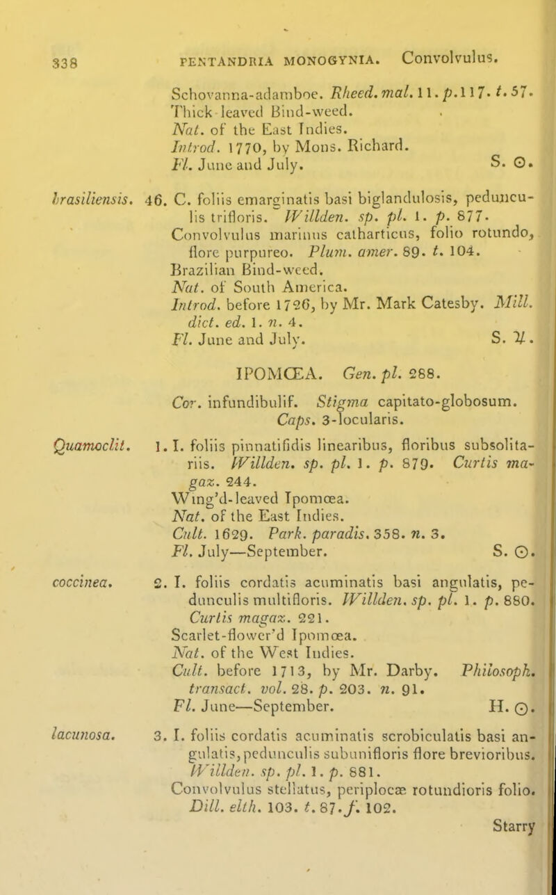 Schovanna-adamboe. Rheed.mat.W. p.WJ. t.51. Thick leaved Bind-weed. Nat. of the East Indies. Jvtrod. 1770, by Mons. Richard. I'V. June and July. S. O. hrasiliensis. 46. C. foHis eniarginatis basi biglandulosis, peduiicu- lis m'Aous. ^ Willden. sp. pt. l. p. 877- Convolvukis marlnus calharticus, folio rotundo, flore purpureo. Plinn. amer. 89' ^« 104. Brazilian Bind-wted. Nut. of South America. Intrnd. before 1720, by Mr. Mark Catesby. Mill. diet. ed. 1. n. 4. Fl. June and Julv. S. %. IPOMCEA. Gen.pl. ^^S. Cor. infundibulif. Stigma capitato-globosum. Caps. 3-locularis. l.I. folils pinnatifidis linearibus, floribus subsolita- riis. I'Villden. sp. pi. 1. p. SIQ. Curtis ma- gaz. 244. Wmg'd-leaved Tpomcea. Nat. of the East Indies. Cult. 1629. Park, paradis. 358. n. 3, jP/. July—September. S. ©. QuamocUt. coccinea. lacunosa. 2. I. foliis cordatis acuminatis basi angnlatis, pe- dunculis multifloris. JVdlden. sp. pi. 1. p. 860. Curtis magaz. 221. Scarlet-flovver'd Ipomoea. Nat. of the West Indies. Cult, before 1713, by Mr. Darby. Vhilosopk, transact, vol. 2i3. p. 203. 72. 9I. Fl. June—September. H. O. 3. I. folils cordatis acuminatis scroblculatis basi an- gnlatis, pcdunculis subunifloris flore brevioribus. I'Villden. sp. pi. 1. p. 881. Convolvulus steliatus, periplocas rotundioris folio. Dill. ellh. 103. t. 87./. 102. Starry