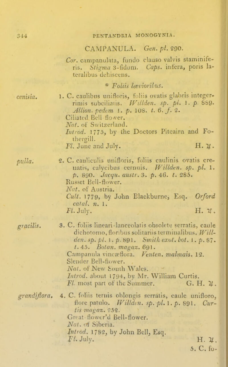 CAMPANULA. Gen. pi. 290. Cor. canipanulata, fiindo clauso valvls staminife- ris. Stigma S-fichim. Caps, infera, poris la- teralibus dchi&ctns. * Foliis Icev'wr'il'US. cenisia. 1. C. caulibns unifloris, foliis ovatis glahris integer- rinii? subcilians. IViUden. sp. pi. 1. p SSy. Allion. pedtm J. p. 108. t. 6. J. 2. Ciliated Bull flo.ver. Nnf. of Switzerland. Iittrod. 1 775, by the Doctors Pitcalrn and Fo- ihergill. Tl. June and July. H. % . pulla. 2. C. cauliculis unifloris, foliis caulinis ovatis cre- uatis, calycibus cernuis. Wiltdtn. sp. pi. 1. p. 8yo. JncqiL. austi. 3. p. 40. t. 285. Russet Bell-flower. Nat. of Austria. Cult. 1779, by John Elackburne, Esq. Orford caial. n. 1. FLJuW. H. V, gracilis. 3. C. foliis linear!-lanceolatls obsolete serratis, caule dichotomo, flonbus solitariis terminalibus. Will- den, sp. pi. 1. p. 891. Smith exot. hot, I. p. 87- t.Ab. Bota?i. magaz. 69\. Campanula vincoeflora. FeJiten. malmais. 12. Slender Bell-flower. Nat. of New South Wales. Introd. about 17')'}, by Mr. William Curtis. FL most part of the Sunmier. G. H. %, grandijiora, 4. C. foliis ternis oblongis serratis, caule unlfloro, flore patulo. Willdin. sp. pi. I. p. 691. Cur- tis 7vugnz. 952. Gn at flowcr'd Bell-flower. Nat. (rf Siberia. Jntiod. 1782, by John Bell, Esq, ZV. July. U. 11.
