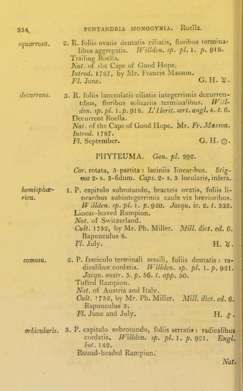 squarrosa. decurreiis. PENTANDRIA MONOGYNIA. Roclla. 2. R. foliis ovaiis dentatis ciliatis, floribiis termina- libus agcrenatis. IViLldtn. sp. pi. 1. p. 918. Trailing Roella. Nat. of the Cape of Good Hope. Inlrod. 1787, by Mr. Francis Masson. Fl. June. G. H. 1/. 3. R. foliis lanceolatis ciliatis integcrrimis decurren- tibus, floribus solitariis terminalibus. Wltl- deii. sp. pi. 1. p. 918. L'Merit, sert. angL4. t. 6. Decurrent Roeila. Nat. of the Cape of Good Hope. Mr. Fr. Masson. Introd. 1787. F/. September. G. H. ©. PHYTEUMA. Gen. pi. 292. Cor. rotata, 5-partita: lacinils lineanbus. ^fig- ma 2- s. 3-fidum. Caps. 2- s. 3 locularis, intera. 1. P. capitulo subrotundo, bracteis ovatis, foliis li- neanbus subintegerriniis caule vix brevioribus. Willden. sp. pi. 1. p. 9-20. Jacqu. ic. 2. 333. Linear-leaved Rampion. Nat. of Switzerland. Cult. 1732, by Mr. Ph. Miller. Mil. diet. ed. C. Rapiniculus 8. FL July. H. %. 2. P. fasciculo terminali sessili, foliis dentatis: ra- dicalibus cordatis. H'illden. sp. pi. l.p, 921. Jacqu. austr. 5. p. 56. t. app, 50. Tufted Rampion. Nut. of Austria and Italy. Cult. ! 752, by Mr. Ph. Miller. Mill. diet. ed. 6. Rapunculus 3. Fl. June and July, H. ^ . orhicularis. 3. P. capitulo subrotundo, foliis serratis : radicalibus cordatis. JVillden. sp. pl.l.p.g^l. Engl, hot. 142. Round-headed Rampion. Nat. hemisphce- rica. comosa.