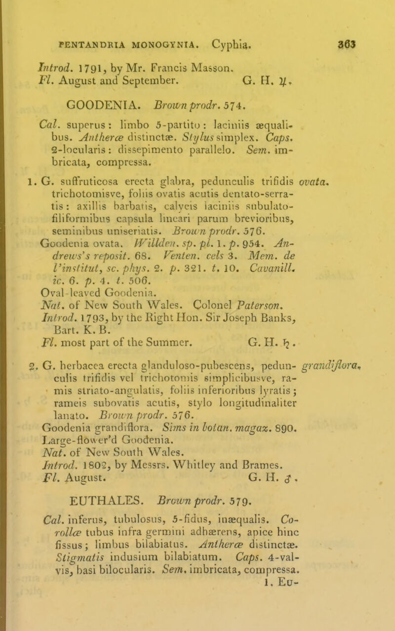 hitrod. 1791J by Mr. Francis Masson. Fl. August and September. G. EI. 2/. GOODENIA. Brown prodr. 374. Cal. superus : limbo 5-partito : laciniis aequali- bus. ^//Mer^e distinctae. Stylus ^\m\AQ\. Caps. 2-!ocularis : dissepimento parallelo. Sem. im- bricata, compressa. 1. G. suft'ruticosa erccta glabra, pedunculis trifidis ovata, trichotomisve, foliis ovatis acutis dentato-serra- tis: axilhs barbatis, calvcis iaciniis snbulato- filiformibus capsula Imcari parum brevioribus, seminibus uniseriatis. Brou n prodr. 576. Goodenia ovata. Wdldeii. sp. pi. 1. p. 954. An- drews's reposit. 68. Fe?iten. eels 3. Mem. de I'in^fitul, sc. phys. 2. p. 321. t. 10. CavanilL ic. 6. p. 4. t. 506. Oval leaved Goodenia. Nat. of New South Wales. Colonel Paterson. Tntrod. 1793, by the Right Hon. Sir Joseph Banks, Bart. K. B. Fl. most part of the Summer. G. H. ?2 • 2. G. herbacea erecta glanduloso-pubescens, pedun- grandyiora^ culis trifidis vei trichotoniis eimplicibusve, ra- mis slri?to-angulatis, foliis inf'erioribus lyratis; rameis subovatis acutis, stylo longitudinaUter lanato. Brown prodr. 576. Goodenia grandiflora. Sim in hotan. magaz. 890. Large-flower'd Goodenia. Nat. of New South Wales. Jntrod. 180-2, by Messrs. Whitley and Brames. Fl. August. G. H. ^ . EUTHALES. Brown prodr. 579- Cal. inferus, tubulosus, 5-fidus, inaequalis. Co- rollce tubus infra germini adhaerens, apice hinc fissus; limbus bilabiatus. Aniherce dlstinctae. Siigmatis indusium bilabiatum. Caps. 4-val- vis, basi bilocularis. Sem, imbricata, compressa. 1. Eu-