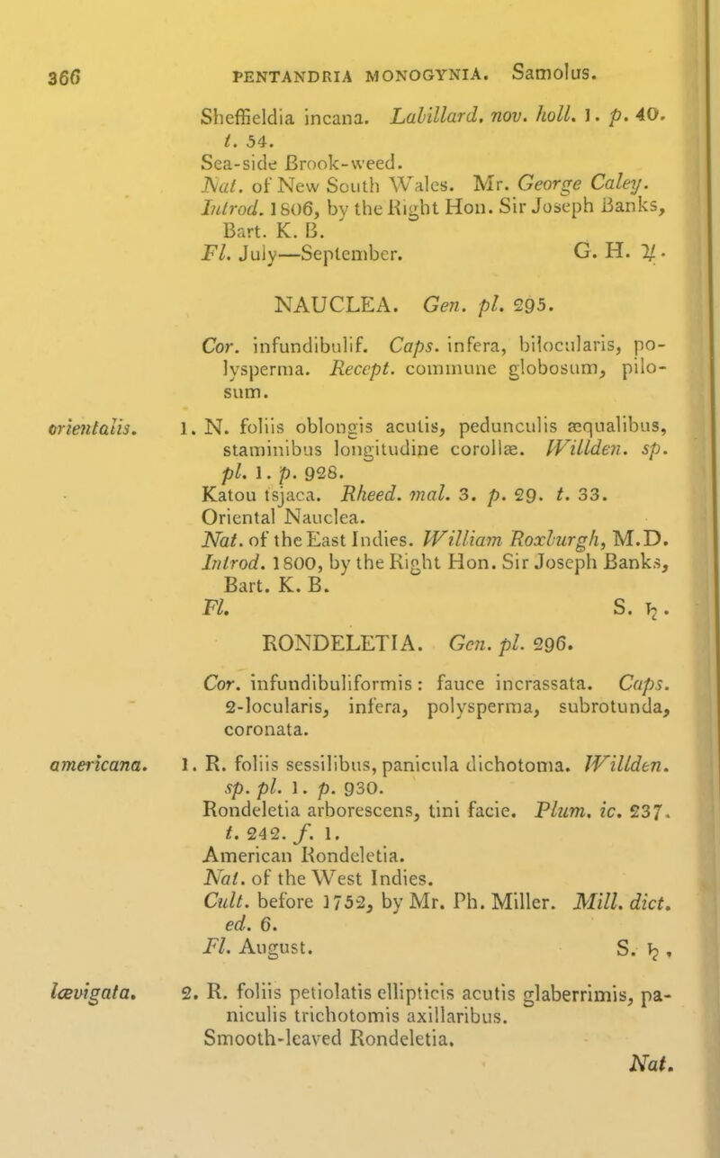 onentalis americana. Iceuigafa. PENTANDRIA MONOGYNIA. SamoluS. Sheffieldia incana. Lahillard. nov. holl. I. p. 40. /. 54. Sea-side Brook-weed. ISial. of New South Wales. Mr. George Caley. lulrod. 1806, bv the Kight Hon. Su- Joseph Banks, Bart. K. B. Fl. July—Septcnibcr. G. H. %. NAUCLEA. Gen. pi. 295. Cor. Infundibulif. Caps, infera, bilocularis, po- lysperma. Reccpt. commune globosum, pilo- sum. 1. N. foliis oblongis acutls, pedunculis sequalibus, staminibus longitudine coroUae. PVillden. sp. pi. 1. p. 928. Katou tsjaca. Rheed. mal. 3. p. '29. t. 33. Oriental Nauclea. Nat. of the East Indies. William Roxlurgh, M.D. Inlrod. 1800, by the Right Hon. Sir Joseph Banks, Bart. K. B. FL S. Tj. RONDELETIA. Gen. pL 296. Cor. infundibuliformis ; fauce incrassata. Caps. 2-locularis, infera, polysperraa, subrotunda, coronata. 1. R. foliis sessilibus, panicnla dlchotoma. JVillden. sp. pi. 1. p. 930. Rondeletia arborescens, tini facie. Plum. ic. 237. t. 24 2. /. 1. American Rondeletia. Nat. of the West Indies. Cult, before 1752, by Mr. Ph. Miller. Mill. diet, ed. 6. Fl. August. S. , 2. R. foliis petiolatis ellipticls acutls glaberrimis, pa- niculis trichotomis axlllaribus. Smooth-leaved Rondeletia. Nat,