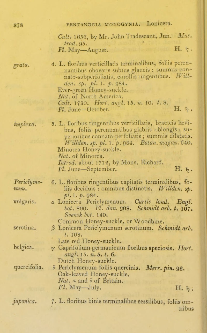 grata. implexa. Pertclyme' num. vulgaris. serotma, belglca. quercifolia. Cult. \65Q, by Mr. John Tradescant, Jun. Miis trad. 95. Fl. May—August. H. \i japonka. 4. L. florihus verticillatis tcrmlnalibus, foliis pcren- nantibus obovatis subtus glaucis : sumniii con- nato-subpcri'oliatis, corollis r'mgentibus. IVill- den. sp. pi. 1. p. 984. Evcr-grcen Honey-suckle. Nat. of North America. Cult. 1730. Hort. a?ii^l. 15. 7Z. 10. t. 8. Fl. June—October. H. , 5. L. floribus ringentibus verticillatis, bracteis lasvi- bus, loliis perennantibus glabris oblongis: su- perioribus connato-perfoliatis; summis dilatatis. If^illden. sp. pi. 1. p. 984. Bota/i. magaz. 640. Minorca Honey-suckle. Nut. of Minorca. Introd. about 1772, by Mons. Richard. Fl. June—September. H. . 6. L. floribus ringentibus capitatis terminalibus, fo- liis deciduis : omnibus distinctis. Willden. sp. pi. 1. p. 984. a Lonicera Periclymenum. Curtis loud. Engl, lot. 800. FL dan. 908. Schmidt arh, t. 107. Suensk I'ot. 140. Common Honey-suckle, or Woodbine. jS Lonicera Periclymenum serotinum. Schmidt arl. t. 108. Late red Honey-suckle. y Caprifolium germanicum floribus Bpeciosis. Hort. annl. 13. n. 5. /. 6. Dutch Honey-suckle. 5 Periclymenum foliis quercmis. Merr, pin, 92. Oak-leaved Honey-suckle. Nat. a and ^ of Britain. Fl. May—July. H. . 7. L. floribus binis terminalibus sessilibus, foliis om- nibus