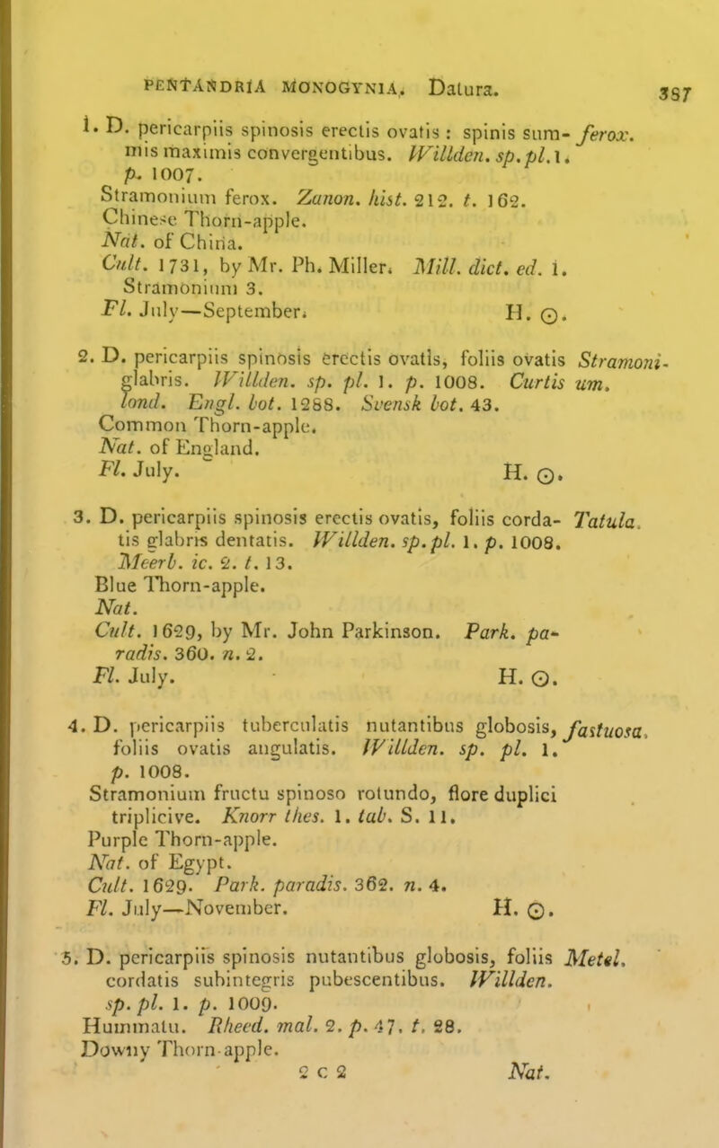 PEfJtASDRlA RloNOGYNiA, Dalura. ss 1. D. pericarplis spinosis ereclis ovatis : splnis sum- ferox. mis maximis convergentibus. IViltdcJi. sp,pl.\* p. 1007. Stramonium ferox. Zanon. hist. 212. t. 162. Ch ine>e Thorn-apple. Nat. of China. C/dt. 1 731, by Mr. Ph. Miller. Mill. diet. ed. i. Stramonium 3. Fl. July—September^ H. ©. 2. D. pericarpiis spinosis erectis ovatis, foliis ovatis Stramoni- glabris. JVUUlen. sp. pi. 1. p. 1008. Curtis urn, lond. Engl. hot. 1288. Suemk lot. 43. Common Thorn-apple. Nat. of England. i^/. July.  H. O. J. D. pericarpiis spinosis erectis ovatis, foliis corda- Tatula. tls fflabns dentatis. Willden. sp.pL 1. p. 1008. IMcerb. ic. 2. /. 13. Blue Thorn-apple. Nat. Cult. 1629, by Mr. John Parkinson. Park, pa^ radis. 360. n. 2. Fl. July. H. 0. . D. pericarpiis tuberculatis nutantibus globosis, yaj/2/o<a, foliis ovatis angulatis. IVillden. sp. pi. 1. p. 1008. Stramonium fructu spinoso rolundo, flore duplici triplicive. Knorr tlies. 1. tab. S. 11. Purple Thorn-apple. Nat. of Egypt. Cult. 1629. Park, paradis. 362. n. 4. Fl. July—November. H. 0« D. pericarpiis spinosis nutantibus globosis, foliis Metal, cordatis subintegris pubescentibus. IVillden. sp. pi. 1. p. 1009. Hummalu. Rkeed. mal. 2. /». 47. /. 28. Dowiiy Thorn-apple.