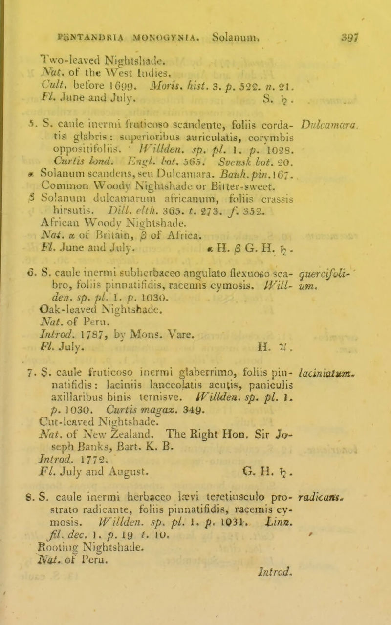 Tvvo-leavcd Nightshade. -Va^ oF the West Iiulies. Cult, before !6()<). Moris, hist. 3. p. 522. w. 21. FL June and July. S. . .5. S. canle incrmi fmticoso scan<]entc, foliis corda- Dulcamara. tis ghtbris : siiperioribus auriculatls, corymbis opposititoliis. • IViUden. sp. pi. 1. p. 1028. Cwlis lomi. Jyni^L hot. Svcnsk hot. 20. « Solanum schikIcus, sen Dulcamara. Bauh. pin.lG7. Common Woody Nightshade or Bilter-sweet. 3 Solauum dulcamarum atVicanum, f'oHis crassis hirsutis. Dill. elth. 365. t. 273. /. 352, AFricau Wnodv Nightshade. Nai. a oi' Britain, p of Alrica. Fl. June and July. k H. ^ G. H. . o. S. caulc inerml subhcrbaceo angulato flexuogo sea- querc'tfoli'' bro, foliis pinnatiHdis, raceaas cymosis. IViLl- um. den. sp. pL 1. p. 1030. Oak-leaved Nightshade. Nat. of Peru. Inlrod. 1787, bv Mons. Vare. July, ' U. V. 7. S. caule i'ruticoso inerml glaberrimo, foliis pin- lacinioium^ natifldis: laciniis lanceoLatis acu^is, paniculis axlllaribus binis ternisve. iVilLdea. sp. pi. i. p. 1030. Curtis magaz. 349- Cut-leaved Nightshade. Nat. of New Zealand. The Right Hon, Sir Jo- seph Banks, Bart. K. B. Jntrod. 1772. Fl. July and August. G, H. T2 • S. S. caule incrmi herbaceo loevi teretiuscuio pro- radicatfs, strato radicante, foliis pinnatifidis, racemis cv- niosis. IVilldeti. sp. pi. I. p. 1031. Linn, fil. dec. 1. p. 19 /. 10. ' Rooting Nightshade. Na^. of i'eru, Introd.