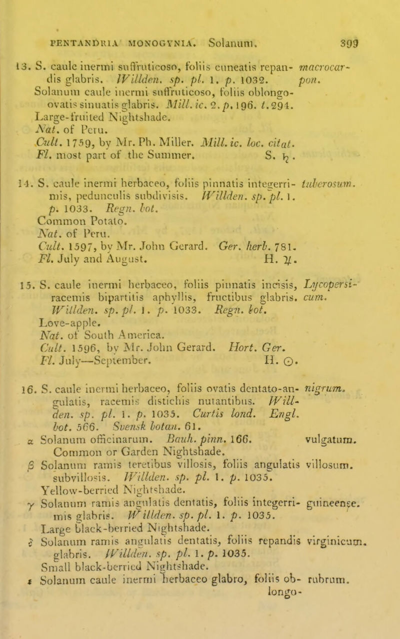 13. S. caulc iuenni suffriUicoso, foliis cuneatis repaii- Tnacrocar- dis glabris. JVUlden. sp. pi. 1. p. 1032. pon. Solanuni caule iiiernii suftVnticoso, toliis oblongo- ovatis simiatis glabris. Mill. ic. 2. p, IQ6. /.291. Large-i'ruiled Nightsliade. JVat. of Peru. Odt. \ 759, by Mr. Ph. Miller. Mill.ic. he. citat. Fl, most part of the Sunmier. S. . I-l. S. caule inermi herbaceo, foliis pinnatis intesjerri- tuberosum. mis, pedunculis subdivisis. IVillden. sp. pi. 1. p. 1033. Rcgn. lot. Common Potato. Kat. of IVru. Cult. 1397, by Mr. .lolm Gerard. Ger. herb. 781. Fl. July and August. H. 11. 15. S. caule inermi herbaceo, foliis pinnatis incisis, Li/copersi- racemis bipartiiis aphyllis, fructibus glabris. cum. JVilldeJi. sp.pl. 1. p. 1033. Rcg7i. hi. Love-apple. Nat. of South America. Cult. 1596, by Mr. John Gerard. Hort. Ger, Fl. July—September. H. ©. 16. S. caule inermi herbaceo, foliis ovatis dcntato-an- nigrum. gulatis, racemi^: dlstlchis nutantibus. JVill- den. sp. pi. 1. p. 1035. Curtis land. EngL bot. 506. Sven.)ik botaii. 6I. a Solanum officinarum. Bauh.pijin.l6Q, vulgatura. Common or Garden Nightshade. S Solanuni ramis tereiibus villosis, foliis angulatis vlllosum. subvillo-is. IVtllden. sp. pi. 1. p. 1035. Yellow-berried Nightshade. 7 Solanum ramis angulatis dcntatis, foliis integerri- gtiineense. mis glabris. M'^illden. sp. pi. 1. p. 1035. Large black-berried Nightshade. i Solanum ramis auLndaiis dentatis^ foliis repandis virginicum, glabris. lydliCtfii. sp. pi. 1. p. 1035. Small black-berried Nightshade. i Solanum caule inermi herbaceo glabro, foliis ob- rubrum. longo-