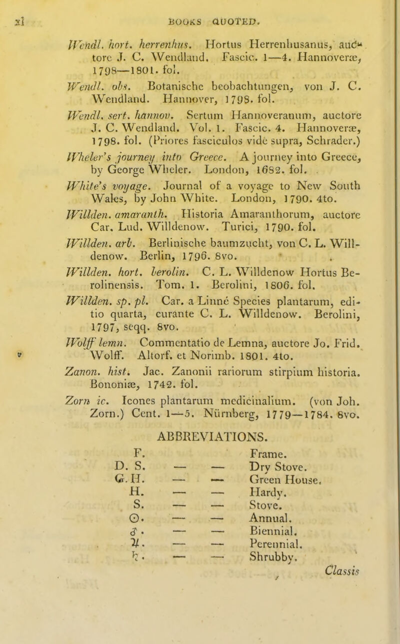 IVcndl. hart, herreiilms, Hortus Herrenhusanus, and tore J. C. \Vencl!and. Fascic. 1—4. Hannoverce, 1798—1801. f'ol. WeruH. ohs. Botanischc bcobachtungen, von J. C. WcndlaniJ. Hannover, 1798. fol. Wcjidl, serf., haiinov. Sertiun Hannoverannm, auctore J. C. Wendland. Vol.1. Fascic. 4. Flannoverae, 1798. fol. (IViores fasciculos vide supra, Schrader.) IVheler's journeii into Greece. A journey into Greece, by George Wlieler. London, 16S2. fol. . Whitens voyage. Journal of a voyage to New South Waks, by John White. London, ] 790. 4to. IVillden. amarajilh. Historia Amaranthorum, auctore Car. Lud. Willdenow. Turici, 1790. fol. IVilldeii. arh. Berlinische baumzucht, von C. L. Will- denow. Berlin, 1790. 8vo. Willden. hart. heroLin. C. L. Willdenow Hortus Be- rolinensis. Tom. 1. Berolini, I8O6. fol. Willden. sp. pi. Car. a Linnc Species plantarum, edi- tio quarta, curante C. L. Willdenow. Berolini, 1797^ seqq. Bvo. IVblJf lemn. Commentatio deLemna, auctore Jo, Frid. ' Wolff. Altorf. et Norimb. 1801. 4to. Zanon. hist. Jac. Zanonii rariorum stirpium historia. Bononise, 1742. fol. Zor7i ic. Icones plantarum mcdicinalium. (von Job. Zorn.) Cent. 1—5. Niirnberg, 1779—1784. 6vo. ABBREVL\TIONS. F. D. S. G.H. Frame. Dry Stove. Green House. Hardv. Stove, Annual. Biennial. Perennial. Shrubby. H. S. O. Class is
