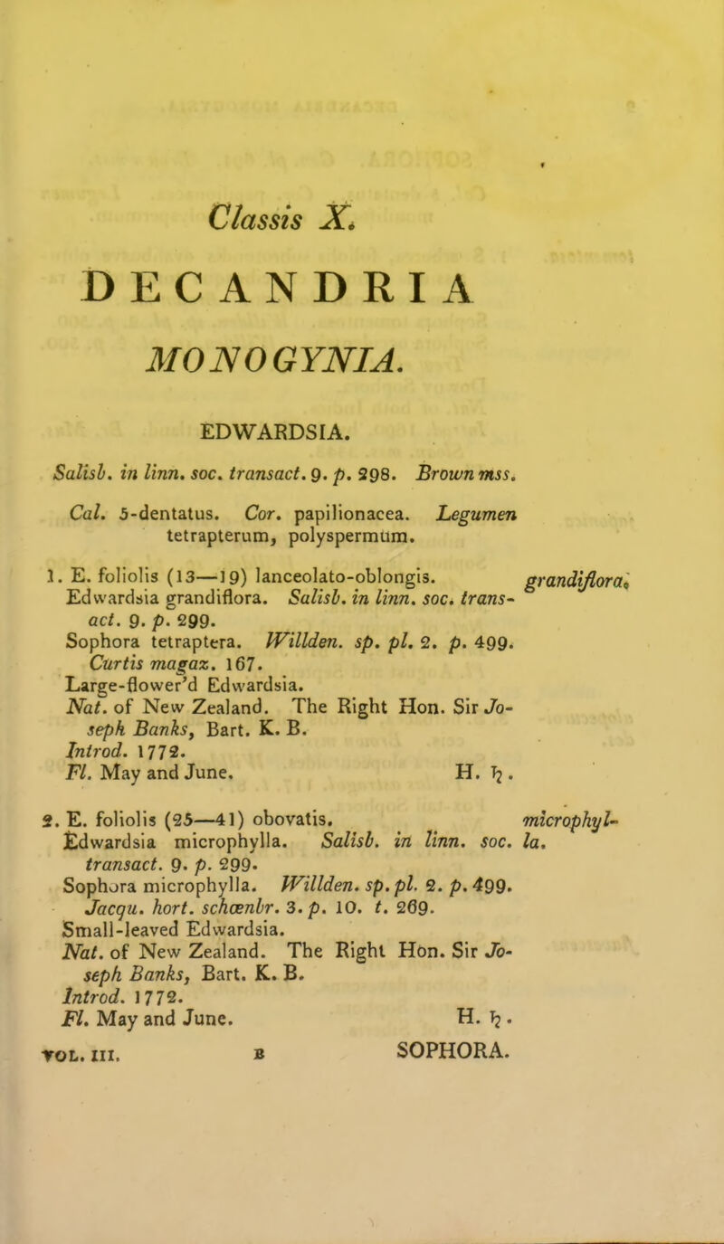 C las sis DECANDRIA 3f0N0GYmA. EDWARDSIA. Salish. in linn, soc, transact. 9. p. 298. Brown mss, Cal. 5-dentatus. Cor. papilionacea. Legumen tetrapterum, polyspermum. 1. E. foliolis (13—19) lanceolato-oblongis. grandiflora Edvvardsia grandiflora. Salish. in linn. soc. irans^ act. 9. p. 299. Sophora tetraptera. Willden. sp. pi, 2. p. 499. Curtis magaz. 167. Large-flower'd Edwardsia. Nat. of New Zealand. The Right Hon. Sir Jo- sepk Banksy Bart. K. B. Introd. 1772. Fl. May and June. H. ^ . 2. E. foliolis (25—41) obovatis. microphyl- £dwardsia microphylla. Salish. in linn. soc. la, transact. 9. p. 299- Sophora microphylla. Willden. sp.pl. 2. p. 499. Jacgu. hort. schcenbr. 3. p. 10. t. 269. Small-leaved Edwardsia. Nat. of New Zealand. The Right Hon. Sir Jo- seph Banks, Bart. K. B. Introd. 1772. FL May and June. H. . roL. III. B SOPHORA.