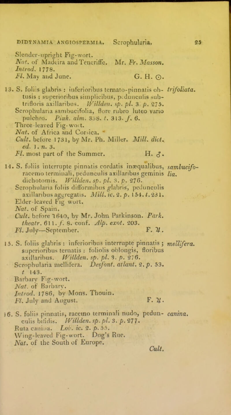 Slender-upright Fig-wort. Not. of Madeira and Tencrlffe. Mr. Fr. Masson. Inlrod. 1778. Fl. May and June. G. H. 0. 13. S. foliis glabris : inferioribus tcrnato-pinnatis ob- trifoliata. tusis : buperioribus siniplieibus, p^duiiculis sub- trifloris axillaribus. V/lUdeii. sp. pi. 3 p. 275. Scrophularia sanibucifolia, flore rubro luteo vario pulchro. Pi,uk. aim. 3oS. t. 313. y. 6. Three leaved Fig-vvo>t. Nat. of Africa and Corsica.  Cult, before 1731, by Mr. Ph. Miller. Mill. did.. ed. J. w. 3. Fl. niost part of the Summer. H. (J. 14. S. foliis interrupte plnnatis cordatis inaequalibus, samhucifo- raceme lerminali, pedunculis axdiaribus geminis Vm. dichotomis. Willden. sp. pi. 3. p. 276. Scrophularia foliis diftbrmibus o^labris, petlunculis axillaribus agiiregatis. AJill. ic. 2. p. 154. t.23l. Elder-leaved Fig wort. Nat. of Spain. Cult, before 1640, by Mr. .Tohn Parkinson. Park, theatr. 611. /. 8. conf. Alp. exot. 203. July—September. F. 2/. 15. S. foliis glabris : inferioribus interrupte pinnatis ; melllfera. supcrioribus ternatis : foliolis oblongis, floribus axillaribus. IVitlden. sp. pi. 3. p. 276. Scrophularia niellifera. Desfont, atlant. <2. p. 53. t 143. Barbary Fig-wort. Nat. of Barbary. Introd. 1786, by Mons. Thouin. FL July and August. F. %. 16. S. foliis pinnatis, raccmo terminali nudo, pedun- canina, culis bitidisi. IVillden. sp. pi. 3. p. 277. Ruta canina. Loh. ic. 2. p.-jn. Wing-leaved Fig-wort. Dog's Rue. Nat. of the South of Europe. Cult.