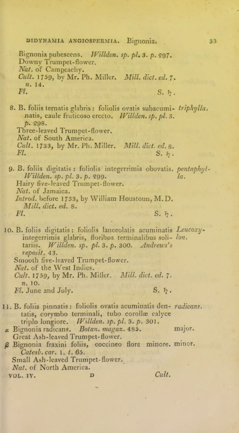 Bignonia pubesccns. Wdlden. sp. pi, 3. p. 297. Downy Trumpet-flower. Nat. of Cainpeacliy. Cult. 1 759, by Mr/ Ph. Miller. Mill. diet. ed. 7. n. 14. Fl. S. ^. 8. B. follis ternatis glabris : foliolis ovatis subacurni- tripIiT/lla^ natis, caule fruticoso ereeto. IVillden. sp. pi. 3. p. 298. Three-leaved Trumpet-flower. Nat. of South America. Cull. 1733, by Mr. i'h. Miller. Mill. diet. cd. 8. Fl. S. Tj. 9. B. foliis digitalis : foliolis inlegerrirais obovatis. pentaphyl- lFillde?i. sp. pi. 3. p. 299. la. Hairy five-leaved Trumpet-flower. Nat. of Jamaica. Introd. before 1733, by William Houstoun, M.D. ]\Fill. diet. ed. 8. Fl. S. ^2. 10. B. foliis digitalis: foliolis laiiceolatis acuminatis Leucoxy- integcrrimis glabris, floribus terminalibus soli- lou. tariis. Willden. sp. pi. 3. p. 300. Andrews's reposit. 43. Smooth five-leaved Trumpet-flower. Nat. of the West Indies. Cult. 1759, by Mr. Ph. Miller. Mill. diet. ed. 7. n. 10. Fl. June and July. S. Tj, 11. B. foliis pinnatis : foliolis ovatis acuminatis den- radieans, talis, corymbo terminali, tubo corollae calyce iriplo longiore. IVillden. sp. pi. 3. p. 301. « Bignonia radicans. Botan. magaz. 485. major. Great Ash-leaved Trumpet-flower, ^ Bignonia fraxini foliis, coccineo flore minore. minor. Catesb. car. l. t. 65. Small Ash-leaved Trumpet-flower. Nat. of North America. VOL. IV. D Cult.