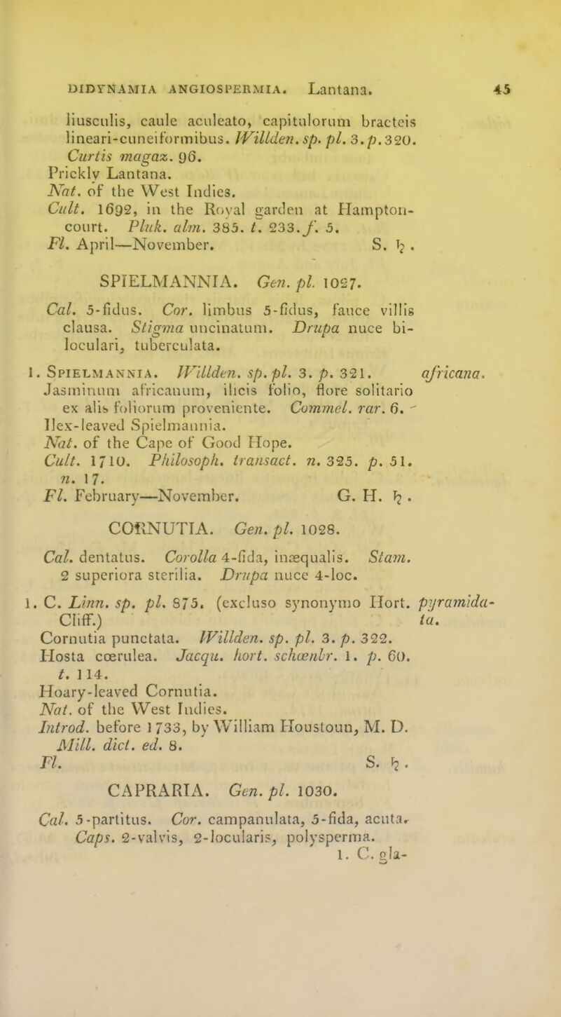 liusculis, caule aculeato, capituloriim bractcis lineari-cuneitormibus. JVillden.sp. pi. 3.p.320. Curtis magaz. 96. Prickly Lantana. Nat. of the West Indies. Cult, 1692, in the Rcival garden at Hampton- court. Pink. aim. 383. L 233. f. 5. Fl. April—November. S. 1? . SPIELMANNIA. Gen. pi. 1027. Cal. 5-fidus. Cor. limbns 5-fidus, fauce villis clausa. Stigvia uncinaium. Drupa nuce bi- loculari, tuberculata. 1. Spielmanma. JVUlden. sp.pl. 3. p. 321. ajricafia. Jasmirunii aiVicanum, ihcis folio, flore solitario ex alls foliorum proveniente. Commel. rar. 6.  I ] ex -1 ea ved S pielni a n n i a. Nat. of the Cape of Good Hope. Cult. 1710. Flidosoph. transact, n. 3'25. p. 51. 71. 17. Fl. February—November. G. H. ^ . COflNUTIA. Gen. pL 1028. Ca/. dentatus. Co;o//a 4-fida, inoequalis. Siain. 2 supcriora stcrilia. Drupa nuce 4-loc. 1. C. Linn. sp. pi. S75. (cxtluso synonymo Hort. pyramida- CHff.) ta. Cornutia punctata. IVillden. sp. pi. 3. p. 322. Hosta coerulea. Jacqu. hort. schoenlr. 1. 6(). /. 114. Hoary-leaved Cornutia. Nat. of the West Indies. Introd. before 1 733, by W^ilUam Housloun, M. D. Mill. did. ed. 8. Fl. S. f2. CAPRARIA. Gen. pi. 1030. Cal. 5-partitus. Cor. campanulata, 5-fida, acuta.- Caps. 2-valvis, 2-locu!ari?, polyspcrma. 1. C. cla-