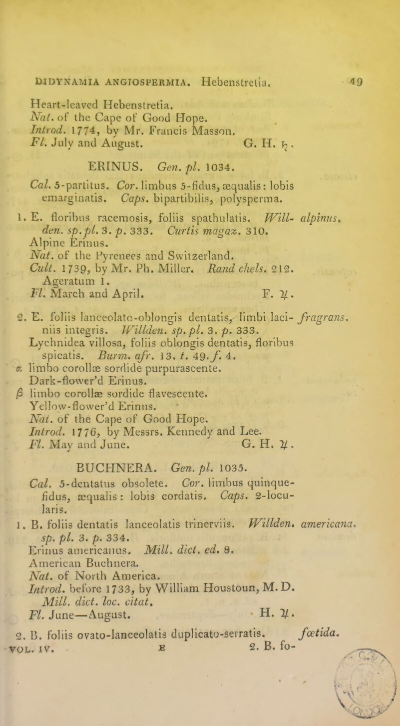 Heart-leaved Hebenstretia. Na(. of the Cape of Good Hope. Introd. 1774, by Mr. Francis Masson. Fl. July and August. G. H. Vi. ERINUS. Gen. pi. 1034. Cal. 5-partitus. Cor. limbus 5-fiduSj oequalis: lobis emarginatis. Caps, bipartibiiis, polysperma. 1. E. floribus racemosis, foliis spathulatis. Will- alpimts, den. sp.pl. 3. p. 333. Ciirth magaz. 310. Alpine Erinus. Nat. oF the Pyrenees and Switzerland. Cult. 1 739, by Mr. Ph. Miller. Rand chels. 212. Ageratum 1. Fl. March and April. F. 1/. 2. E. foliis lanceolato-oblongis dentatis, limbi laci- fragrans. niis integris. WilldeJi. sp.pl. 3. p. 333. Lychnidea villosa, foliis oblongis dentatis, floribus spicatis. Burm. afr. 13. t. 49. J'. 4. « limbo corollcE sordide purpurascente. Dark-flower'd Erinus. /3 limbo corollae sordide flavescente. Yellow-flovver'd Erinus. Nat. of the Cape of Good Hope. Introd. 177c, by Messrs. Kennedy and Lee. Fl. May and June. G. H. 2/ . EUCHNERA. Gen.pl. 1035. Cal. 5-deutatus obsolete. Cor. limbus quinque- fidus, zequalis : lobis cordatis. Caps. 2-locu- laris. 1. B. foliis dentatis lanceolatis trinerviis. Willden. americana. sp. pi. 3. p. 334. Erinus americaiius. Mill. did. ed. 8. American Buchnera. Nat. of North America. Introd. before 1733, by William Houstoun, M. D. Aim. diet. loc. citat, FZ. June—August. B..1J.. 2. B. foliis ovato-lanceolatis duplicato-serratis. foctida. VOL. IV, E 2. B. fo-
