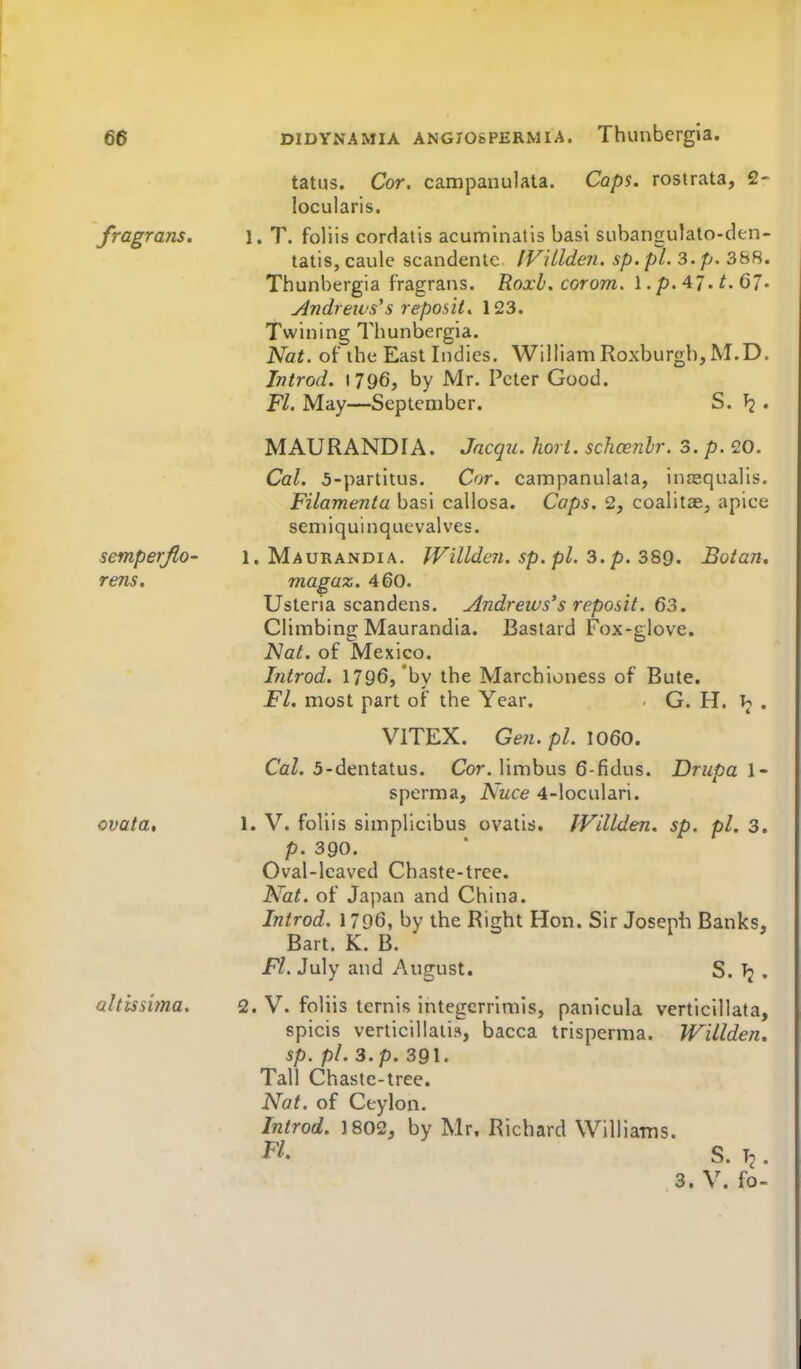 tatus. Cor. campanulata. Caps, rostrata, 2- locularis. fragrans. l. T. foliis cordatis acuminatis basi subangulato-den- tatis, caule scandente IVUldeii. sp. pi. 3. p. 388. Thunbergia fragrans. Roxb. corom. \. p. ^1.1.6]. Ajidreivs^s reposit, 123. Twining Tliunbergia. Nat. of ihe East Indies. William Roxburgh, M.D. Introd. \796, by Mr. Peter Good. Fl. May—September. S. ^ . MAURANDIA. Jncqu. liori. schoenlr. 3. p. 20. Cal. 5-partitus. Cor. campanulaia, inasqualis. Filamenta basi callosa. Caps. 2, coalitas, apice semiquinqtie valves. semperjlo' l. Maurandia. IFillden. sp. pi. 3. p. 3S9. Botan. rens. magaz. 460. listeria scandens. Andrews's reposit. 63. Climbing Maurandia. Bastard Fox-glove. Nat. of Mexico. Ititrod. 1796,'by the Marchioness of Bute. Fl. most part of the Year. . G. H. ^ . VITEX. Gen.pl. 1060. Cal. 5-dentatus. Cor. limbus 6-fidus. Drupa 1- sperma, Nuce 4-loculari. ovata, 1. V. foliis simplicibus ovatis. JVillden. sp. pi. 3. p. 390. Oval-leaved Chaste-tree. Nat. of Japan and China. Introd. 1796, by the Right Hon. Sir Joseph Banks, Bart. K. B. July and August. S. • altissima. 2. V. foliis ternis integerrimis, panicula verticillata, spicis verticillalis, bacca trisperma. Willden, sp. pi. 3. p. 391. Tall Chaste-tree. Nat. of Ceylon. Introd. 1802, by Mr, Richard Williams. S. J:. 3. V. fo-