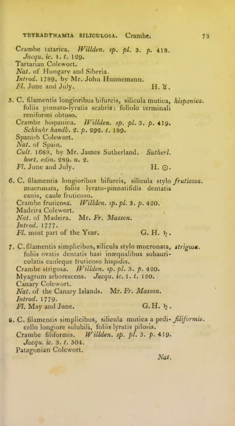 Crambe tatarica. Willden, sp. pi. 3. p. 418. Jacqu. ic. I. t. 129. Tartarian Colewort. Nat. of Hungary and Siberia. Infrod. 1789, by Mr. John Hunnemann. Fl. June and July. H. ^. 5. C. filamentis longiorlbus blfurcis, silicula mutica, hispan'wa. foliis pinnato-lyratis scabris: foliolo lerminali reniformi obtuso. Crambe hispanica. JVillden. sp. pL 3. p. 419. Schknhr liaridb. 2. p. 292. /. 189. Spanish C(jIewort. Nat. oF Spain. CuLt. 1683, by Mr. James Sutherland. Sutherl. hort. edin. 289. n. 2. Fl. June and July. H. 0« 6. C. filamentis longioribus bifurcls, silicula s\y\o fruticosa, mucronata, foliis lyrato-pinnatifidis dentatis canis, caule fruiicoso. Crambe fruticosa. l^Villden. sp.pl. 3. p. 420. Madeira Colewort. Nat. of Madeira. Mr. Fr. Masson. Introd. 1777. Fl. most part of the Year. G. H. . 7. C. filamentis simplicibus, silicula stylo mucronata, str'igosa.. foliis ovatis denialis basi InEequalibus subauri- culatis caiileque fruticoso hispidis. Crambe strigosa. fFillden. sp. pi. 3. p. 420. Myagrum arborescens. Jacqu. ic. 1. 120. Canary Colewort. Nat. of the Canary Islands. Mr. Fr. Masson. Introd. 1779. Fl. May and June. G. H. Tj. 8. C. filamentis simplicibus, silicula mutica a pedi- Jilijhrmis. cello longiore solubili, foliis lyratis pilosis. Crambe filiformis. Willden. sp. pi. 3. p. 419. Jacqu. ic. 3. t. 504. Patagonian Colewort. Nat.