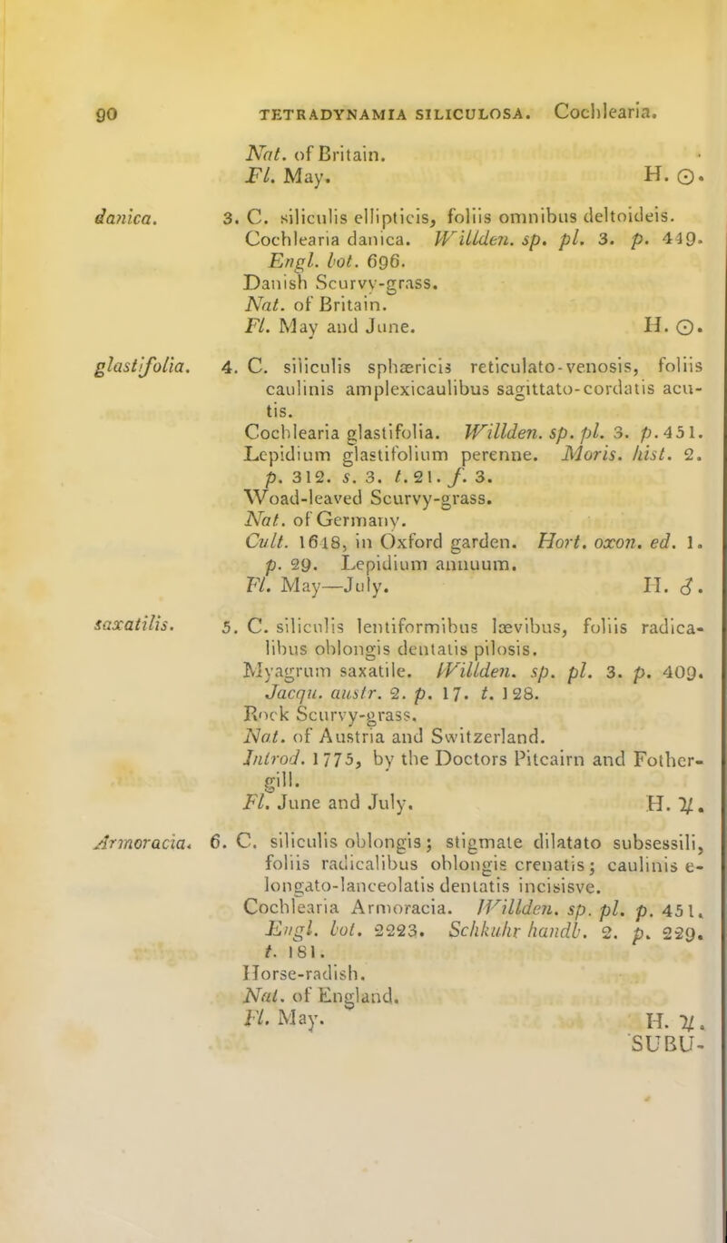 da?iica. glastifolia. iaxatilis. Not. of Britain. FL May. H. ©. 3. C. siliculis ellipticis, foliis omnibus deltoideis. Cochlearia danica. WiUden. sp. pi. 3. p. 44 9. Engl. lot. 696. Danish Scurvy-grass. Nat. of Britain. FL May and June. H. ©. 4. C. siliculis sphaericis retlculato-venosis, foliis caulinis amplexicaulibus sagittato-cordatis acu- tis. Cochlearia glastifolia. Willden. sp. pi. 3. p. 451. Lepidium glastifolium perenne. Moris, hist. 2. p. 312. S. 3. /.21. /. 3. Woad-leaved Scurvy-grass. Nat. of GeriTianv. Cult. 1618, in Oxford garden. p. 29. Lepidium annuum. FL May—July. Hort. 0X071. ed. 1. H. c?. 5. C. siliculis lentiformibus loevibus, foliis radlca- libus oblongis dentaiis pilosis. Myagrum saxatile. ^Villden. sp. pi. 3. p. 409. Jacqu. amtr. 2. p. 17. t. 128. Rock Scurvy-grass. iVoi. of Austria and Switzerland. Jnirod. 1775, by the Doctors Pitcairn and Fothcr- gill. i^/. June and July. H. 1/. Armoracia* 6. C. siliculis oblongis; stigmaie dilatato subsessili, foliis radicalibus oblongis crenatis; caulinis e- longato-lanceolatis denlatis incisisve. Cochlearia Arnioracia. JVillden. sp. pi. p. 451. Engl. hoi. 2223. Schkulir handh. 2. p. 229. t. 181. Horse-radish. Nat. of England. FL May H. SUBU- 4