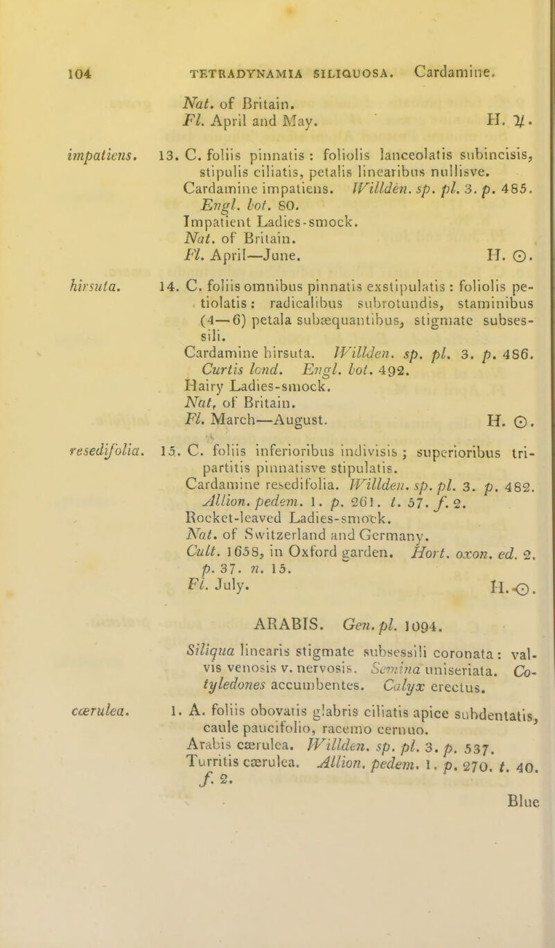 Nat. of Britain. Fl. April and May. H. 1/ impaticns. 13. C. foliis pinnatls : foliolis lanceolatis subincisis, stipulis ciliatis, petalis linearibns nuilisve. Cardamine impatiens. IVillden. sp. pi. 3. p. 485. Engl. lot. SO. Impatient Ladies-smock. Nat. of Britain. /''/.April—June. IT.©. hirsuia. 14. C. foliis omnibus pinnatis exstipulatis : foliolis pe- tiolatis: radicalibus subrotundis, staminibus (4—6) petala subfequantibuSj stigniatc subses- sili. Cardamine birsuta. IVillden. sp. pL. 3. p. 486. Curtis lond. Evgl. lot. 492. Hairy Ladies-smock. Nat^ of Britain. March—August. H. ©. resedij'olia. 15. C. foliis inferiorlbus indivisis ; superioribus tri- partitis pinnatisve stipulatis. Cardamine resedifolia. IVillden. sp. pi, 3. p. 482. AUion. pedem. 1. p. 261. t. bl. f.1. Rocket-leaved Ladies-sniotk. Nat. of Switzerland and Germany. Cult. 1658, in Oxford garden. Hort. oxon. ed. 2. p. 37. n. 15. F/. July. ll.<d. ccBrulea. ARABIS. Geji.pl. 1094. Sf/i^z/a linearis stigmate subsessili coronata: val- vis venosis v. nervosis. Semi?ia unlseriata. Co- tyledones accumbentes. Calyx erectus. A. foliis obovatis glabris ciliatis apice subdenlatis cauie paucifolio, racemo cernuo. Arab IS C£erulca. JVillden, sp. pi. 3. p, 537. Turritis cosrulea. Allion. pedem. l. p. 270 t 40 /. 2. Blue