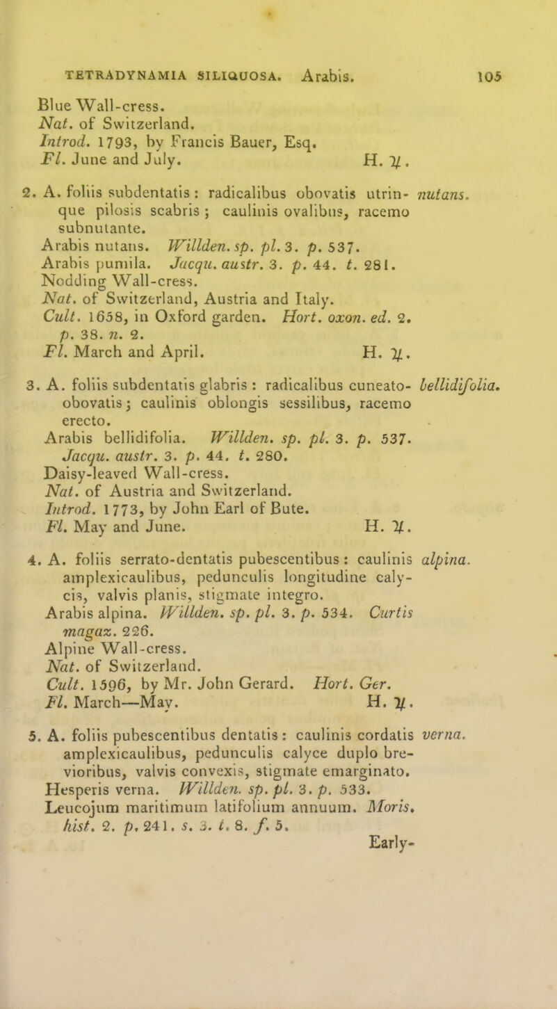 Blue Wall-cress. Nat. of Switzerland. Introd. 1793, by Francis Bauer, Esq. Fl. June and July. H. 7/ . 2. A. foliis subdentatis: radicalibus obovatis utrin- nutans. que pilosis scabris ; caulinis ovalibus, racemo subnuianle. Arabis nutans. Willden. sp. pi. 3. p. 537. Arabis jjuniila. Jacqii. austr. 3. p. 44. t. 281. Nodding Wall-cress. Nat. of Switzerland, Austria and Italy. Cult. 1658, in Oxford garden. Hort. oxon.ed. 2. p. 38. n. 2. Fl. March and April. H. 1/. 3. A. foliis subdentatis glabris: radicalibus cuneato- bellidifoUa, obovatis; caulinis oblongis sessilibus, racemo erecto. Arabis bellldifolla. Willden. sp. pi. 3. p. 537. Jacqu. austr. 3. p. 44. t. 280. Daisy-leaved Wall-cress. Nat. of Austria and Switzerland. Introd. 1773, by John Earl of Bute. FL May and June. H. 4. A. foliis serrato-dentatis pubescentlbus: caulinis alpina. amplexicaulibus, pedunculis longitudine caly- cis, valvis planis, stigniate integro. Arabis alpina. PVillden. sp, pi. 3. p. 534. Curtis magaz. 226. Alpine Wall-cress. Nat. of Switzerland. Cult. 1596, by Mr. John Gerard. Hort. Ger. March—May. H. 1/. 5. A. foliis pubescentlbus dentatis : caulinis cordatis verna. amplexicaulibus, pedunculis calyce duplo bre- viorlbus, valvis convexis, stigmate emarginato. Hesperis verna. PVilldtn. sp. pi. 3. p. 533. Leucojum maritimum latifoiium annuum. Moris* hist. 2. p. 241. 5. 3. t. 8. /. 5. Early-
