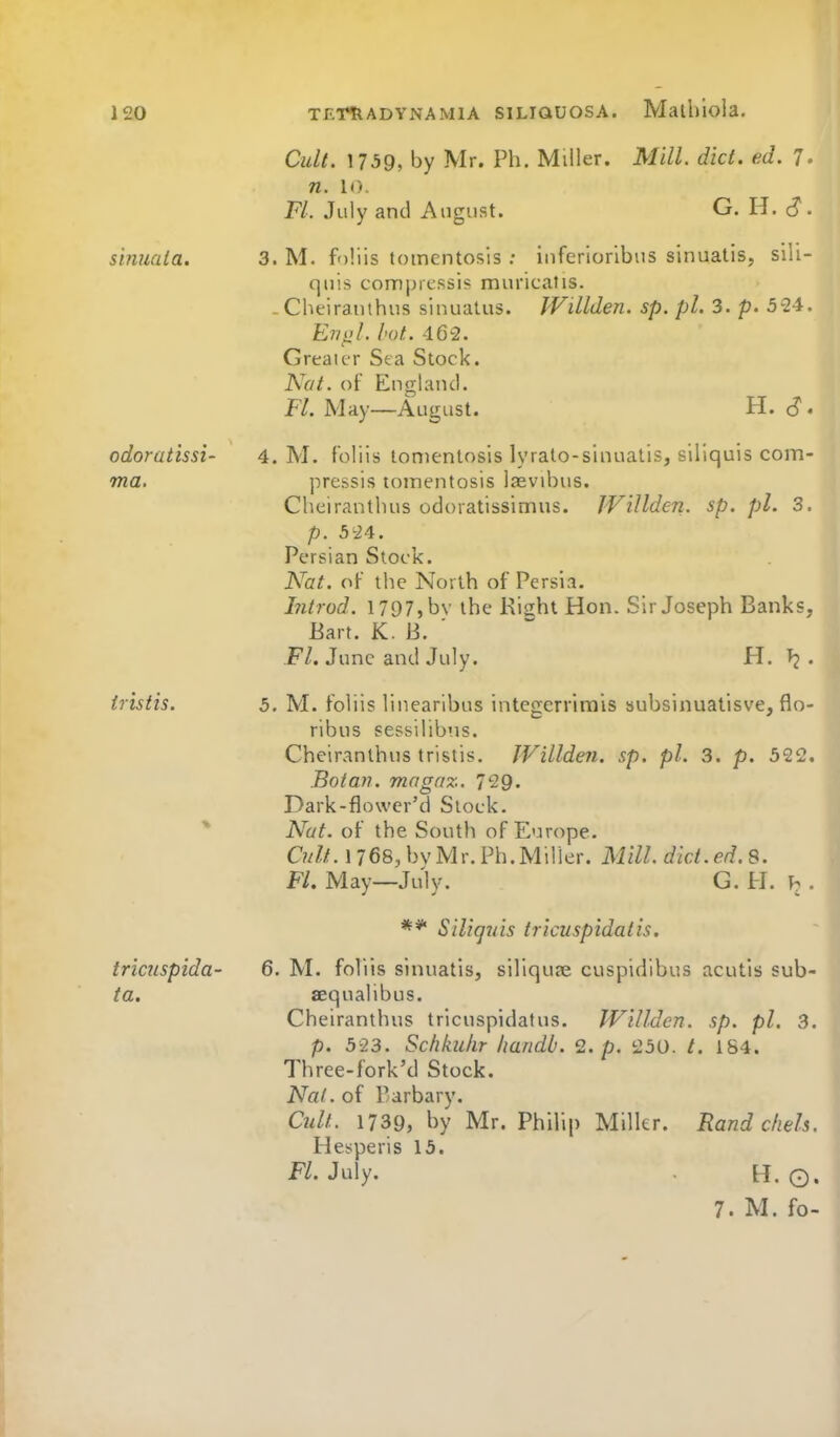 sinuaia. odoratissi- ma. instis. tricuspida- ta. Cult. 1759, by Mr. Ph. Miller. Mill. diet. ed. 7. n. 10. FL July and August. G. H. c?. 3. M. foliis tomentosis ; inferioribiis sinuatis, sili- quis compressi* muricatis. -Cheiranthus sinuatus. JVillden. sp. pi. 3. p. 5^4, Er/ol. hot. 462. Greaicr Sea Stock. Nat. of England. FL May—August. H. S' 4. M. foliis tomentosis lyrato-sinuatis, sillquis com- pressis tomentosis lasvibus. Cheiranthus odoiatissimus. JVillden. sp. pi. 3. p. 5^24. Persian Stock. Nat. of the North of Persia. Introd. 1797,bv the Kiffht Hon. Sir Joseph Banks, Eart. K. B. ' Fl. June and July. H. . 5. M. foliis linearibus integcrrimis subsinuatisve, flo- ribus sessilibus. Cheiranthus trisiis. JVillden. sp. pi. 3. p. 522. Botan. magaz. 729. Dark-flowcr'd Stock. Nat. of the South of Europe. C?dt. 1768, bv Mr. Ph. Miller. Mill, dici.ed. 8. Fl. May—July. G. H. h • S diqu is tr icu sp ida t is. 6. M. foliis sinuatis, sillqupe cuspidibus acutis sub- aequalibus, Cheiranthus tricuspidatus. JVillden. sp. pi. 3. p. 523. Sclikulir Imndb. 2. p. 250. /. 184. Three-fork'd Stock. Na(. of Tarbary. Cult. 1739, by Mr. Philip Miller. Rand chels. Hesperis 15. K.July. H. 0.