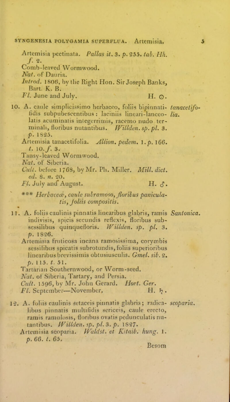 Artemisia pectinata. Pallas it. 3. D. 255. tab. Hh. f. 2. Comb-leaved Wormwood. Nat. of Dauria. Itiirod. I80f), bvtlie Right Hon. Sir Joseph Banks^ Bart. K. B. Fl. June and July. H. ©• 10. A. caule simplicissimo heruaceo, foliis bipinnati- fanacetifo- fidis subpubesceniibus : laciniis lineari-lanceo- Ha. latis acuminalis inlcgtrriniis, racemo nudo ter- niinali, floribus nutantibus. fFiUden. sp. pi. 3. p. 1S25. Artemisia tanacetifolia. million, pedem. \ .p. ]66. t. 10./. 3. Tansy-leaved Wormwood. Nai. of Siberia. CW/;. before 17GS, by Mr. Ph. Miller. Mill. did. ed. 8. n. 20. FL July and* August. H. c?. *** Herhacece, caule svlramo'io, Jlorilus panicula- tis, Joins compositis. « 11. A. foliis caulinls pinnatis lincaribus glabris, ramis Sanionica. indivisis, spicis secundis reflexis, floribus sub- sessilibus quinquelloris. Willden. sp. pi. 3. p. 1S26. Arteniisia fruticosa incana ramosissima, corymbis sessilibus spicatis subrotundis, foliis superioribus lineariijus brevissimis obtusiusculis. Gmel. sib. 2. p. 115. t. 51. Tartarian Southernwood, or Worm-seed. Nat. of Siberia, Tartary, and Persia. Cu/t. 1596, by Mr. John Gerard. Hort. Ger. jp/. September—November. H. . 12. A. foliis caulinis setaceis pinnatis glabris; radica- scoparia. libus pinnatis nudlifidis sericeis, caule erecto, ramis ramulosis, floribus ovatis pedunculatis nu- tantibus. IFillden. sp. pl.3. p. 1827. Artemisia scoparia. IValdst. et Kitaih. hung. 1. p. 66. /. 65. Besom »