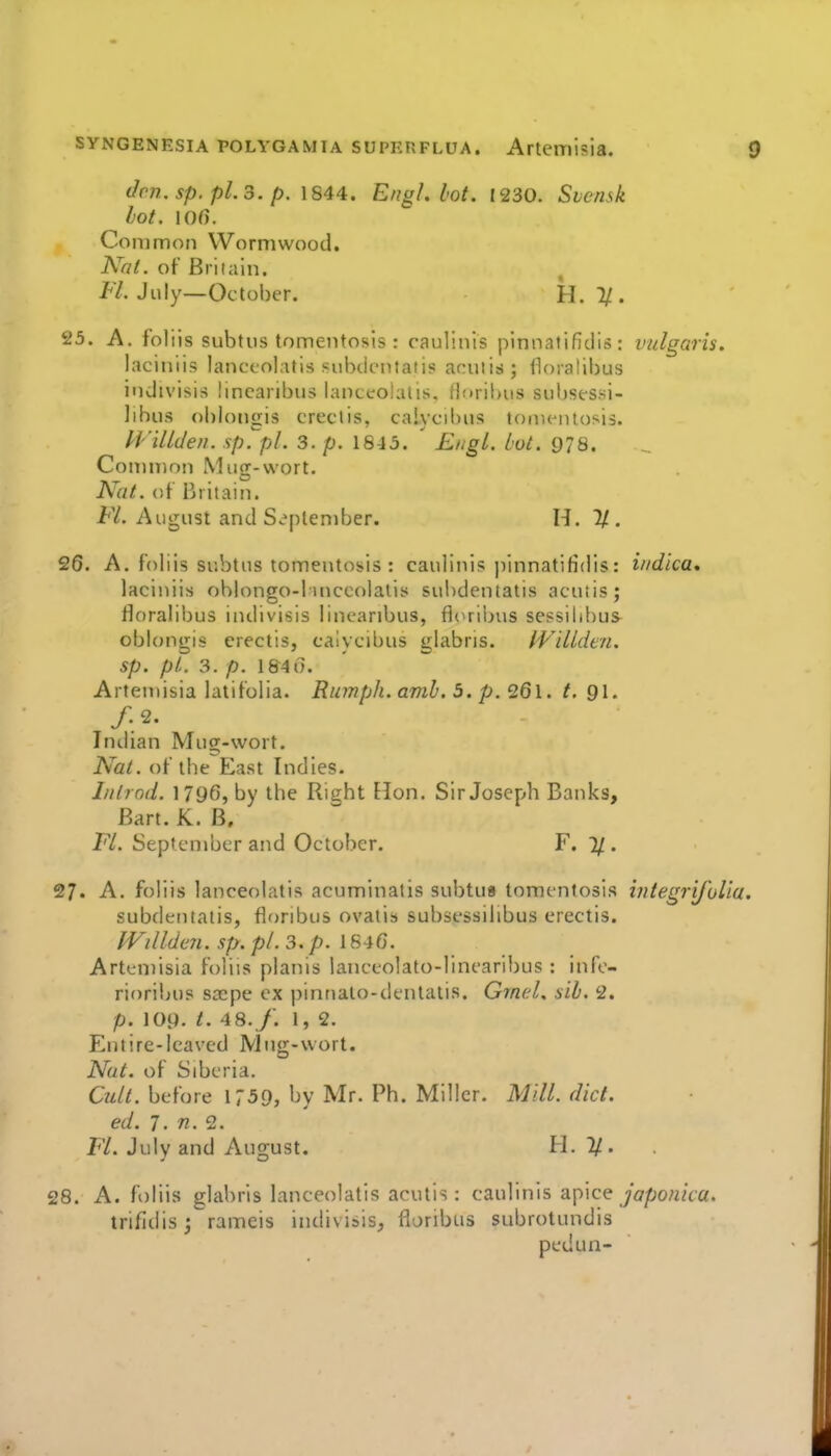 dm, sp. pL3. p. \S44. Engl. lot. 1230. Svcnsk lot. lOfi. Common Wormwood. Nat. of Britain. JP/. July—October. H. 1/. 25. A. foliis subtus tomentosis : caulinis pinnatlficiis: vulgaris, laciiiiis lanctolatis subdcntafis aciitis; floralibus inJivisis hncaribiis laoccolalis. Horibiis subsessi- lihus obloiigis ereclis, caiycibiis tomeiUosis. I4''illden. sp. pi. 3. p. lS-i3. ' Engl. Lot. 978. Common Mucr-vvort. Nat. of Britain. F/. August and September. H. 11. 26. A. foliis subtus tomentosis : caulinis pinnatifidls: indica, laciniis oblongo-1 mccolalis subdenialis acuiis; floralibus indivisis linearibus, fl(iribus sessibbus oblongis erectis, caiycibus glabris. IVilLdm. sp. pi. 3. p. 1840. Arteniisia latifolia. Rumph.amh. 5. p.<2Q\. t. Q\. /2. Intlian Muor-wort. Nat. of ibe East Indies. liilrnd. 1796, by the Right [Ion. Sir Joseph Banks, Bart. K. B, Fl. September and October. F. 1/ . 27. A. foliis lanceolatis acuminatis subtus tomentosis iiitegrij'olia. subdentaiis, floribus ovatis subsessilibus erectis. fVillden. sp. pi. 3. p. 1846. Artemisia foliis planis lanceolato-linearibus : infc- rioriljus s£epe ex pinnalo-dentatis. GrncL sib. 2. p. 109. t. 48./. 1, 2. Entire-leaved Mug-wort. Nat. of Siberia. G^//. before 1759, by Mr. Ph. Miller. Mill. diet, ed. 7. n. 2. Fl. July and August. H. 1/. 28. A. foliis glabris lanceolatis acuiis: caulinis i\\>\CQ japonic a. trifidis; rameis indivisis, floribus subrotundis pedun-