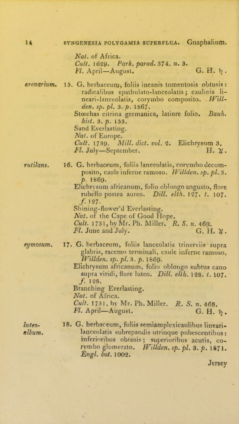 Nat. of Africa. Cw//. 1620. Park, parad. 374. n. 3. Fl. April—August. G. H. Tj. erenarium, 13. G. herbaceurg, foliis incanis tomentosis obtusis : radicalibus spathulato-lanceolatis; caulinis li- neari-lanceolatis, corymbo coniposito. IVill- den. sp. pi. 3. p. 1867. Stoechas citrina germanica, latiore folio. Bauh. hist. 3. p. J53. Sand Everlasting. Nat. of Europe. Cutt. 1739. Mill. diet. vol. 2. Elichrysnm 3. i^/. July—September. H. 11. rutilans. 16. G. berbaceum, foliis lanceolallsj corymbo decom- posito, caule inferne ramoso. WiUden. sp. pi. 3. p. I869. Elichrysum africanum, folio oblongo angusto, flore rubello postea aureo. Dill. elth. 127. t. 107. /.I27. Sbining-flower'd Everlasting. Nat. of the Cape of Good Hope. Cult. 1731, by Mr. Ph. Miller. R. S. n. 469. June and July. G. H. 1/. eymosum. 17. G. berbaceum, foliis lanceolatis trinerviis supra glabris, racenio terminali, caule inferne ramoso, IVillden. sp. pi. 3. p. IS69. Elichrysum africanum, folio oblongo subtus cano supra viridi, flore luteo. Dill. elth. 128. i. 10/. /. 128. Branching Everlasting. Nat. of Africa. Cult. 1 731, by Mr. Ph. Miller. R. S. n. 468. jP/. April—August. G. H. Tj. luteO' 18. G. berbaceum, foliis semiamplexicaulibus llneari- album, lanceolatis subrepandis utrinque pubescentibus: inferioribus obtusis: superioribus acutis, co- rymbo glomerato. IVillden, sp. pi. 3. p. I871. Engl. hot. 1002. Jersey