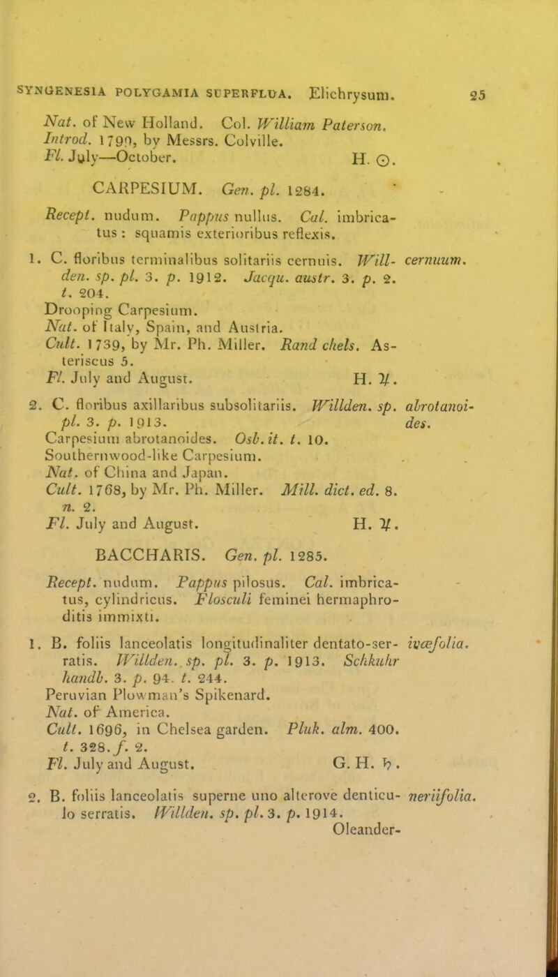 Nat. of New Holland. Col. William Patenon. Introd. 1790, by Messrs. Colville. F/. July—October. H. ©. CARPESIUM. Gen. pi. l2Hi. Recept. nudum. Pappus nullus. Cal. imbrica- tus : squamis exterioribus reflexis. 1. C. florlbus terminalibus solitariis cernuis. Will- cernuum. den. sp. pi. 3. p. 1912. Jacqu. austr. 3. p. 2. /. 204. Drooping Carpesium. Nat. ot Italy, Spain, and Austria. Cult. 1 739,'by Mr. Ph. Miller. Rand chels. As- teriscus 3. FA July and x\ugust. H. 1/. 2. C. floribus axillaribus subsolitariis. Willden. sp. alrotanoi- pl. 3. p. 1913. des. Carpesium abrotanoides. Osb.it. t, 10. Southernwood-like Carpesium. Nat. of China and Japan. Cult. 1768, by Mr. Ph. Miller. Mill. diet. ed. 8. n. 2. Ft. July and August. H. BACCHARIS. Gen. p/. 1285. Recept. nudum. Pappus pilosus. Cal. imbrica- tus, cylindricus. PHosculi feminei hermaphro- ditis immixti. 1. B. foliis lanceolatis longitudinaliter dentato-ser- ivcefolia, ratis. IViLlden. sp. pi. 3. p. 1913. Schkukr handb. 3. p. 94. 244. Peruvian Plowman's Spikenard. Nat. of America. Cull. 1696, in Chelsea garden. Pluk. aim. 400. t. 328./. 2. Fl. July and August. G. H. ^ . 2. B. foliis lanceolatis superne uno altcrove denticu- neriifolia. lo serratis. IVillden. 5p. p/. 3. p. 1914. Oleander-
