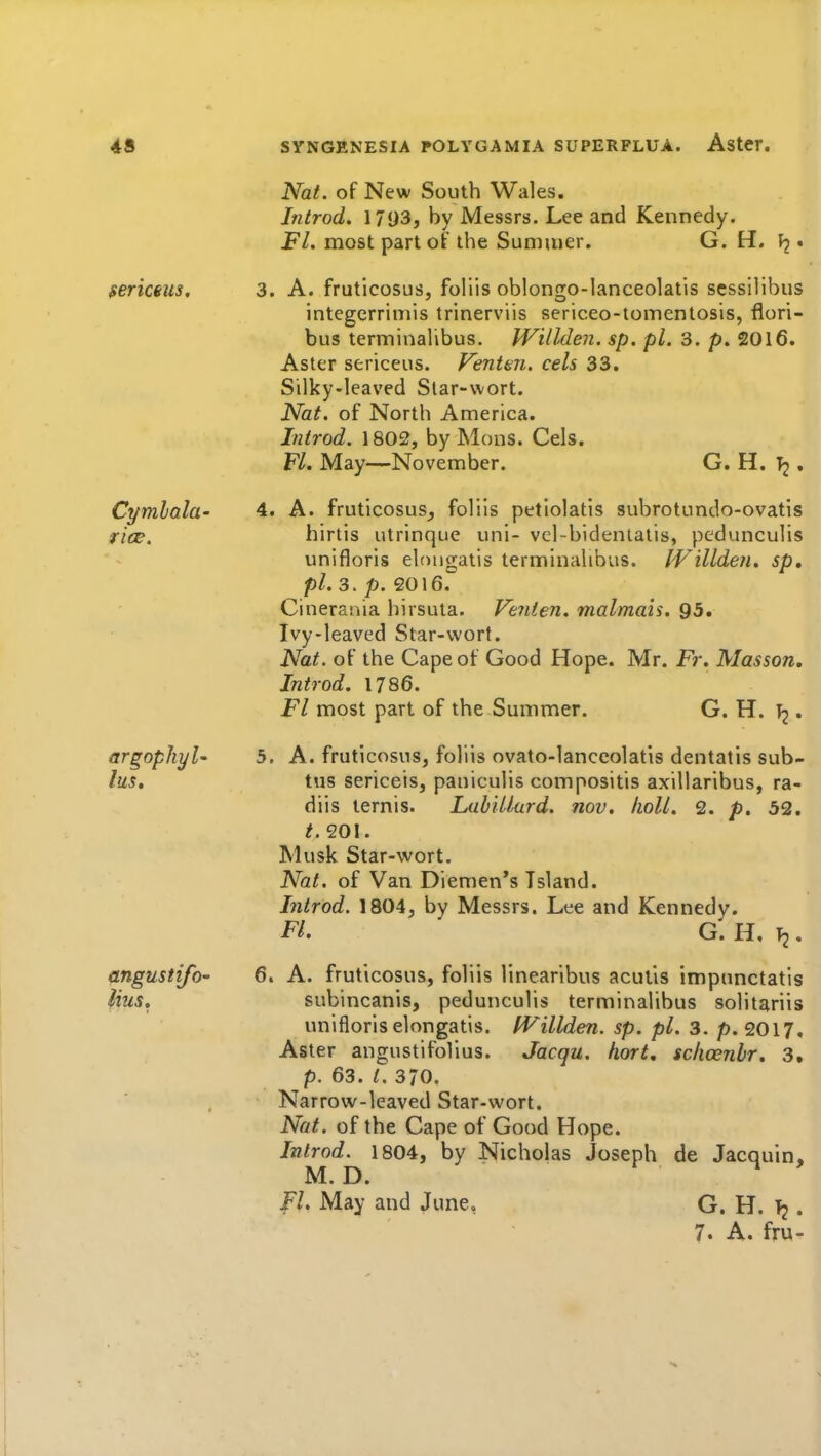 Cymlala- rice. Nat. of New South Wales. Jnirod. 1793, by Messrs. Lee and Kennedy. FL most part of the Summer. G. H. • fericeus, 3. A. fruticosus, foliis oblongo-lanceolatis scssilibus integerrimis trinerviis sericeo-tomentosis, flori- bus terminalibus. Willden. sp. pi. 3. p. 2016. Aster sericeus. Fentm. eels 33. Silky-leaved Slar-vvort. Nat. of North America. Introd. 1802, by Mons. Cels. FL May—November. G. H. . 4. A. fruticosus, foliis petiolatis subrotundo-ovatis hirtis utrinque uni- vcl-bidentatis, pedunculis unifloris elougatis terminalibus. IVillden. sp, pi. 3, p. 2016. Cinerania hirsuta. Veiiten. malmais. 93. Ivy-leaved Star-worf. Nat. of the Cape of Good Hope. Mr. Fr. Masson, Introd. 1786. Ft most part of the Summer. G. H. T2. argophyl' 5. A. fruticosus, foliis ovato-lanccolatis dentalis sub- lus, tus sericeis, paniculis compositis axillaribus, ra- diis ternis. LabiUard. nov. liolL 2. p. 52. t. 201. Musk Star-wort. Nat. of Van Diemen's Island. Introd. 1804, by Messrs. Lee and Kennedy. FL G. H, 1^ . angustifo' 6. A. fruticosus, foliis linearibus aculis impunctatis ^us. subincanis, pedunculis terminalibus solitariis unifloris elongatis. IVillden. sp. pi. 3. p. 2017, Aster angustifolius. Jacqu. hort, sclioenbr. 3. p. 63. t. 370. Narrow-leaved Star-wort. Nat. of the Cape of Good Hope. Introd. 1804, by Nicholas Joseph de Jacquin, M. D. FL May and June, G. H. Tj. 7. A. fru-