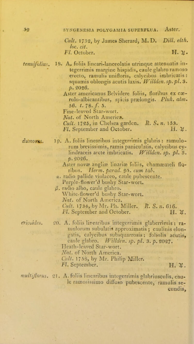 Cult. 1732, by James Sherard, M. D. Dill. elth. loc. c'lt. F/. October. H. 1/. tenulfuUus. 18. A, foliis liticari-lanccolatis ufrinque attenuatls in- tegerrimis marline hispidis, caule glabro ramoso ertcto, ramulis unifloris, calycibiis irabricatis: squamis oblongis acutis laxis. lVillden.sp.pl. 3. p. 2026. Aster aniericanus Bcividere foliis, florihus ex coe- rulo-albicantibus, sj icis praelongis. Pluk. aim* 5Q. t. 78./. 3. Fine-leaved Star-wart. 'Not. of North America. Cult. 1725, in Chelsea garden, i?. S. n. 153. Fl. September and October. H. 1/. duinorus.. 19. A. foliis linearibns integernmis glabris : ramulo- rum brevissimis, ramis paniculatis, calycibus cy- lindraceis arete imbricatis. JVilldcn. sp. pi. 3. p.2026. Aster novj3e angli^ linarix foliis, chamremeli flq- ribus. Herm. parad. 05. cum tab. a, radio pallide vioiaceo, caule pubescente. Purp]e-flower'd bushy Star-worl. /3. radio albo, caule glabro. White-flower'd bushy Star-wort. Nat. of North America. Cult. 1734, by Mr. Ph. Miller. R. S. n. G\6. Fl. SepteiTiber and October. H. V. erlcuklcs. i'O. A. foliis linearibus integerrimis glabernmis : ra- niuloruiTi subulalis ai>}-)roximaiis ; caulinis elon- galis, calycibus subsquarrosis: foliolis acutis, caule glabro. IVillden. sp. pi. 3. p. 2027. Ilcath-leaved Star-wort. Nat. of North America. Cull. 1758, by Mr. Philip Miller. Fl. September. H. %. muh 'ijlorus, 21. A. foliis linearibus integerrimis glabriusculis, cau- le ramosissimo dilfuso pubescente, ramulis se- cundis.