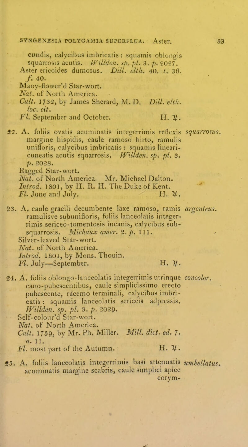 cundis, calycibus imbricatls : squamis oblone;is squarrosis acutis. Willden. sp. pi. 3. p. £027. Aster ericoides dumosus. Dill. eltk. 40. /. 36. /. 40. Many-flower'd Star-wort. Nat. of North America. Cult. 1732, by James Sherard, M. D. DHL elifi. loc. cit. Ft. September and October. H. 7/. 22. A. follls ovatis acuminatis intcgerrimis reflexis squanoms, margiiie hispidis, caule ramoso hirto, ramulis unifloris, calycibus imbricatis : squamis lineari- cuneatis acutis squarrosis. JVillden. sp. pi. 3. p. 2028. Ragged Star-wort. Nat. of North America. Mr. Michael Dalton. Introd. 1801, by H. R. H. The Duke of Kent. ' P/. June and July. H.%. 23. A, caule gracili decumbente laxe ramoso, ramis argenieus, ramulisve subunifloris, foliis lanceolatis integer- rimis sericeo-tomentosis incanis, calycibus sub- squarrosis. Micliaux amer. 2. p. Hi. Silver-leaved Star-wort. Nat. of North America. Introd. 1801, by Mous. Thouin. Fl. July—September. H. %. 24. A. foliis oblongo-lanceolatis intcgerrimis ulrinque concolor. cano-pubescentibiis, caule simplicissimo erecto pubescente, racemo terniinali, calycibus imbri- catis : squamis lanceolatis sericeis adpressis. IVillden. sp. pi. 3. p. 2029- Sclf-cclour'd Slar-wort. Nat. of North America. Cult. 1759, by Mr. Ph. Miller. Mill. diet. ed. 7. ?i. 11. Fl. most part of the Autumn. H. 1/. 25. A. foliis lanceolatis intcgerrimis basi attenuatis umlellatus, acuminatis marginc scabris, caule simplici apicc corym-