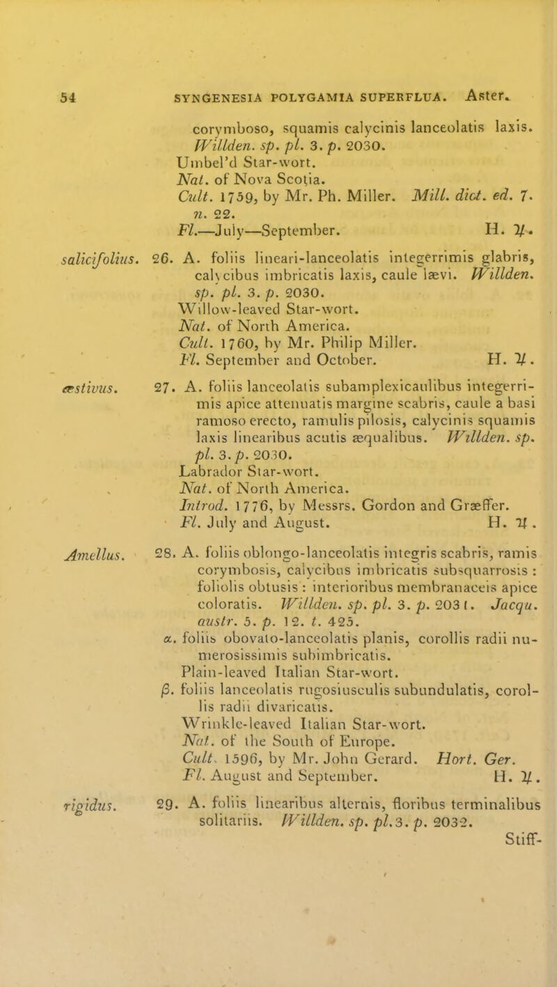 coryniboso, squamis calycinis lanceolatis laxis. WiUden. sp. pL. 3. p, 2030. Uinbel'd Star-wort. Nat. of Nova Scotia. Cult. 1759, by Mr. Ph. Miller. Mill. did. ed. 7- 71. 22. Fl.—July—September. H. 1/- salic'ifoliiis. 26. A. foliis lineari-lanceolatis integerrimis glabris, caKcibus inibricatis laxis, caule laevi. Willden. sp. pi. 3. p. 2030. Willow-leaved Star-wort. Nat. of North America. Cult. 1760, by Mr. Philip Miller. Fl. September and October, H. X. etstivus. 27. A. foliis lanceolatis subamplexicaulibus integerri- mis apice attenoatis margine scabris, caule a basi ramoso erecto, ramulis pilosis, calycinis squamis laxis linearibus acutis jequalibus. IVillden. sp, pi. 3. p. 2030. Labrador Star-wort. Nat. of North America. Introd. 1776, by Messrs. Gordon and Graeffer. Fl. July and August. H. If. Amelias. 28. A. foliis oblongo-lanccolatis intcgrls scabris, ramis corymbosis, calycibus inibricatis subsquarrosis : foliolis obtusis : intcrioribus membranaceis apice coloratis. Willden. sp. pi. 3. p. 203 [. Jacqu. aitstr. 5. p. 1 2. t. A<2b. a, foliib obovalo-lanccolatis planis, coroUis radii nu- nierosissimis subimbricatis. Plain-leaved Italian Star-wort. jS. foliis lanceolatis rugosiusculis subundulatls, corol- lis radii divaricatis. Wrinkle-leaved Italian Star-wort. Nat. of the South of Europe. Cult. 1596, by Mr. John Gerard. Hort. Gar. Fl. August and Septeujber. H. 1/. rigidus. 29. A. foliis linearibus alternis, florihus terminalibus solitariis. fVillden. sp. pi.3. p. 2032. Stiflf-