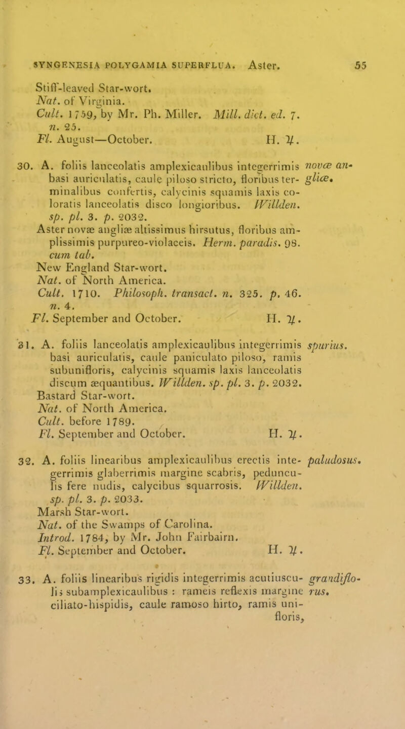 Stifl-leavetl Star-wortt Nat. o[' Virginia. Cult. 1 759rby Mr. Ph. Miller. Mill. diet. ed. 7. 72. 25. P/. August—October. U.%. 30. A. foliis lanceolatis amplexicaulibus intctrorrimis hqv(S aii' basi auriculatis, caule pilose stricto, Honbus ter- gli(S, minalibus cuiiFertis, calycinis squainis laxis co- loratis lanceolatis disco longioribus. IViUden. sp. pi. 3. p. 2032. Asternovae anglicealtissimus hirsutus, floribus am- plissimis purpureo-violaceis. Herm. paradis. QS. aim tab. New England Star-wort. Nat. of North America. Cult. 1710. Philosop/i. transact, n. 323. p. 46. n. 4. Fl. September and October. H. %. 31. A. foliis lanceolatis amplexicaulibus integerrimis spurius. basi auriculatis, caule paniculato piloso, ramis subunifloris, calycinis squamis laxis lanceolatis discum aequantibus. Willdeji. sp. pi. 3. p. 2032. Bastard Star-wort. Nat. of North America. Cult, before 1789. Fl. September and October. H. 1/. 32. A. foliis linearibus amplexicaulibus erectis inte- paludosus, gerrimis glalierrimis margine scabris, peduncu- lis fere inidis, calycibus squarrosis. tVilldeii. sp. pi. 3. p. 2033. Marsh Star-wort. Nat. of the Swamps of Carolina. Introd. 1784, by Mr. John Fairbairn. FL September and October. H, 7/ . 33. A. foliis linearibus rigidis integerrimis acutiuscu- grandi/io- Ji j subamplexicaulibus : rameis reflexis margme rus, ciliato-hispidis, caule ramoso hirto, ramis uni- floris.