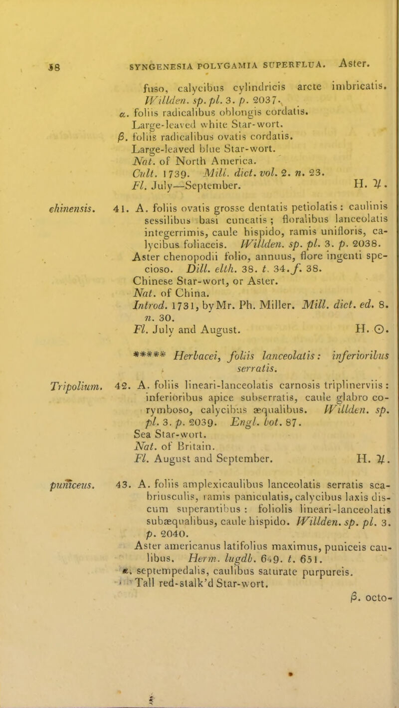 ss /3, fivso, calycibus cylindricis arete inibricatis. IViUden. sp. pL 3. p. 2037- foliis radicalibus oblongis cordatis. Lartre-Ieaved white Star-wort, foliis radicalibus ovatis cordaiis. Large-leaved blue Star-wort. Nat. of North America. Cult. M39- Milt. diet. vol. 2. n. 23. Fl. July—September. H. % • ehinejisis. 41. A. foliis ovatis grosse dentatis petiolatis : caulinis sessilibub basi cuneatis; floralibus lanceolalis integerrimis, caule hispido, ramis unifloris, ca- lycibus foliaceis. JVilldeii. sp. pL 3. p. 2038. Aster chenopodii folio, annuus, flore ingenti spe- cioso. Dill. elth. 38. t. 34./. 38. Chinese Star-wort, or Aster. Nat. of China. Introd. 1731, by Mr. Ph. Miller. Mill. did. ed. 8. n. 30. Fl. July and August. H. O. ***** Herbacei, foliis lanceolalis: inferiorihis serratis. Tripolium. 42. A. foliis lineari-lanceolatis carnosis triplinerviis : inferioribus apice subserratis, caule glabro co- rymboso, calycibus aequalibus. IVdlden. sp. pi. 3. p. 2030. Engl. lot. 87. Sea Star-wort. Nat. of Britain. Fl. August and September. H. 7/. pumceits. 43. A. foliis aniplexicaulibus lanceolatls serratis sca- briusculis, l amis panicnlatis, calycibus laxis dis- cum superanti'Dus : foliolis lineari-lanceolatis subaequalibus, caule hispido. PVillden. sp. pi. 3. p. 2040. Aster americanus latifolius maximus, puniceis cau- libus. Herm. liigdb. 6^9. t. 651. *. septempedalis, caulibus saturate purpureis, • ~ Tall red-slalk'd Star-wort. /3. octo-