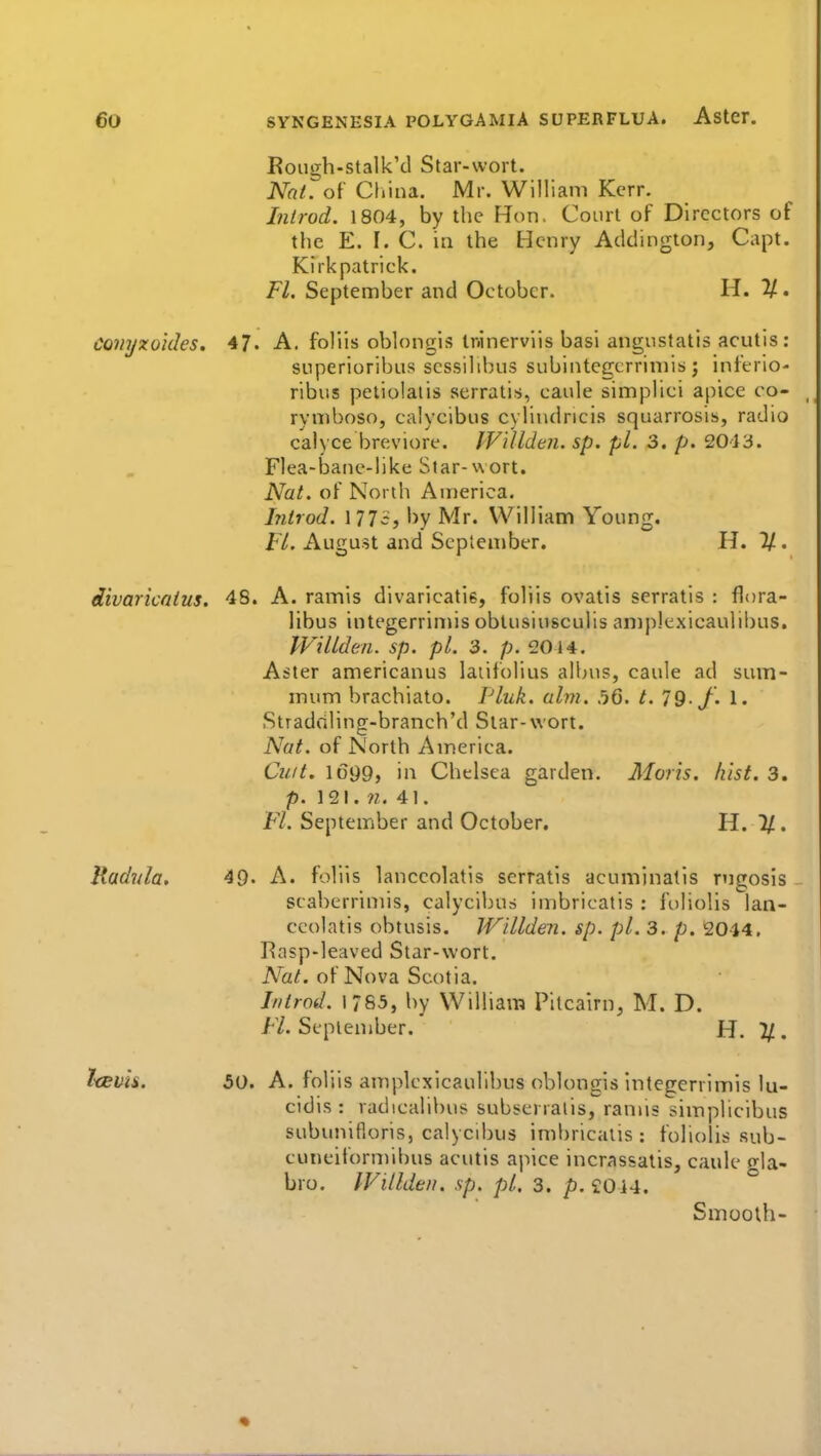Rough-stalk'd Star-wort. NnL of Cliina. Mr. William Kerr. Inlrod. 1804, by the Hon. Court of Directors of the E. I. C. in the Henry Addington, Capt. Kirkpatrick. Fl. September and October. H. 2/. Conyxokles, 47. A. foliis oblongis Ininerviis basi angustatis acutls: superioribus scssilibus subintegcrrimis ; inltrio- ribus peliolaiis serratis, caule simplici apice co- rymboso, calycibus cylindricis squarrosis, radio calyce breviore. IVillden. sp. pi. 3. p. 2013. Flea-bane-like Star-wort. Nat. of North Au)erica. hiirod. 177c, by Mr. William Young. Ft. August and Scpten»ber. H. %. divaricnlus. 48. A. ramis divaricatie, foliis ovatis serratis : flora- libus integerrimis oblusiusculis amplexicaulibus. TVillden. sp. pi. 3. p. 2014. Aster americanus laiifolius albus, caule ad sum- mum brachiato. iHuk. aim. 56. t. 79-J- 1. Straddling-branch'd Star-wort. Nat. of North America. Cu/t. 1699, in Chelsea garden. Moris, hist. 3. p. 121. 41. Fl. September and October. H. 1/. Hadula, 49. A. foliis lanccolatis serratis acuminatis rugosis scaberrimis, calycibus imbricatis : fuliolis lan- ccolatis obtusis. IVillden. sp. pi. 3. p. 2044. Rasp-leaved Star-wort. Nat. of Nova Scotia. Introd. 1785, by William Pltcairn, M. D. Fl. September. H. 2/. ItBUts. 50. A. foliis amplexicaulibus oblongis integerrimis lu- cidis : radicalibus subserralis, ranns simplicibus subunifloris, calycibus imbricatis: foliolis sub- cuneiformibus acutis apice incrassatis, caule p-la- bro. IVillden. sp. pi. 3. />. £014. ° Smooth-