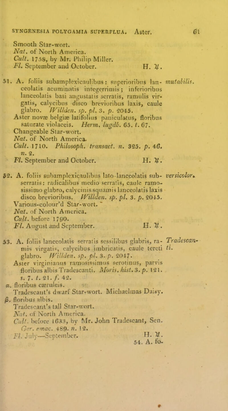 Smooth Star-wort. Nat. of North America. Cu/t. 1758, by Mr. Philip Miller. Fl. September aiul October. H. 11. 51. A. foliis subamplexicaulibus : snperioribus Ian- mutalilis ceolatis acuminatis integerrimis; inferioribus laiiceolalis basi angustatis scrralis, ramuhs vir- gatis, calycibns disco brevioribus laxis, caule glabro. IVillden. sp. pi. 3. p. 2045. Aster novce belgiae latifolius paniculatus, floribus saturate violaceis. Herm. lugdb. 65. t. 67. Changeable Star-wort. Nat. of North America. Cult. \ T 10. Philosoph. transact, n. 325. p. AG. n. 2. Fl. September and October. H. 1/. 32. A. fohis subamplexicaulibiis lalo lanceolatis sub- versicolor serratis: radicalibus medio serrat'is, caulc ramo- sissimo glabro, calyciuis squamis lanceolatis laxis disco brevioribus. U'^illden. sp. pi. 3. p. 2015. Various-colour'd Star-wort. ~ Nat. of North America. Cult, before 1790. Fl. August and September. H. 2/. 53. A. foliis lanceolatis serraiis sessillbus glabris, ra- Tradescaii mis virgati«, calycibus imbricatis, caule tereti ti. glabro. IVillden. sp. p/. 3. p. 2017. Aster vircinianus ramosissimus serotinus, parvis floribus albis Tradescanti. Aluris. hist. 3. p. 121. S. 7. t. 21. /. 42. a. floribus caeruleis. Tradescant's dwarf Star-wort. Michaelmas Daisy. ^. floribus albis. Tradescant's tall Star-wort. Nat. of Noriii America. C/df . before 1633, by Mr. John Tradescant, Sen. Gf?r. pmac. 489. '-2. 7.7. July—September. H. 54. A. fo-