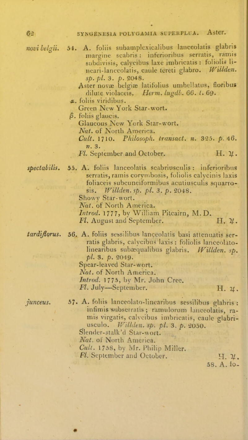 novilelgii. 34. A. foliis subamplexicalibus lanceolatis glabris niargine scabris ; inferioribus serratis, ramiii subdivisis, calycibus laxe inibricatis : tbliolis li- ueari-lanccolatis, caule tereli glabro. WiUden. sp. pi. 3. p. 2048. Aster novae belgise latiiolius umbellatus, floribus dilute violactis. Htrm. lugdb. 66. t. QQ. a. foliis viridibiis. Green New York Star-wort. /3. foliis glaucis. Glaucous New York Star-wort. Nat. of Nortb America. Cult. 1710. P/iilosoph. transact, n. 325. p. 46. n. 3. F/. September and October. H. 1/. spectahilis. 55. A. foliis lanceolatis scabriusciilis: inferioribus serratis, ramis coryn-ibosis, foliolis calycinis laxis foliaceis subcuneiforniibus acutiusculis squarro- sis. IVillden. sp. pi. 3. p. 2048. Showy Star-wort. Nat. of North America. Introd. 1777, by William Pitcairn, M.D. F/. August and September. 11. %, tardijlorus. 56. A. foliis sessilibus langeolatis basi atlenuatis ser- ratis glabris, calycibus laxis : foliolis lanceolato- linearibus snboequalibus glabris. IVillden. sp. pi. 3. p. 20iy. S))ear-leaved Star-wort. Nat. of North America. In/rod. 1775, by Mr. John Crce. P/. July—September. H. if. junceus. 57. A. foliis lanceolato-linearibus sessilibus glabris : infimis subsei ralis ; ramidorum lanceolatis, ra- mis virgatis, calvcibus inibricatis, caute glabri- usculo. IVillden. sp. pi. 3. p. 2050. Slender-stalk'd Star-wort. Nat. of North America, Cult. 1758, by Mr. Philip Miller. Fl. September and October. H. 1/. 58. A. to-