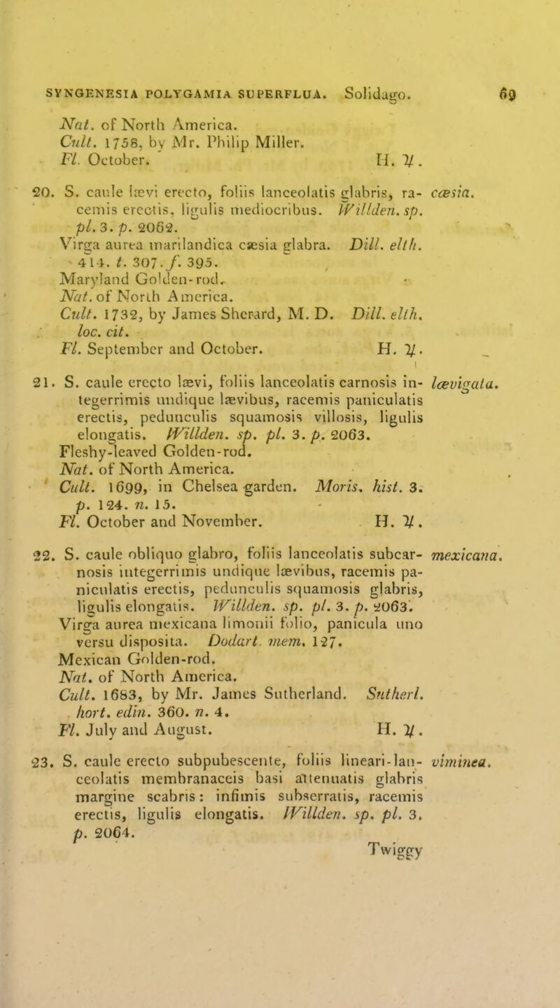 Nat. of North America. Cult. 1758. by Mr. Philip Miller. Fl. October. ' II. 11. 20. S. caiile Isevi erecto, foliis lanceolatis clabris, ra- cceiia. cemis ercctis, li<^ulis niediocribus. Pfillden. sp, pL3.p.M'2. Virga aurea uiarilandlca csesia glabra. Dill. ellh. - ^\ \. t. 307./. 395. Maryland Golden-rod, iVa/. of North America. Cult. 1732, by James Shcrard, M. D. Dill. ellh. loc. cit. Fl. September and October. H. I/. 21. S. caule crecto laevl, foliis lanceolatis carnosis in- laevigata. tegerrimis undique laevibus, racemis paniculatis erectis, pedimculis squamosis villosis, ligulis elongatis. ^illden. sp. pi. 3. p. 2063. Fleshy-leaved Golden-rod, Nat. of North America. Cult. 1699, in Chelsea garden. Moris, hist. 3. p. 124. 71. 15. Fl. October and November. H. 11. 22. S. caule obliquo glabro, foliis lanceolatis subcar- mexicana. nosis Integcrrimis undique laevibus, racemis pa- niculatis erectis, ptduncuiis S(juamosis glabris, ligrulis elongatis. Willden. sp. p/. 3./>. yo63. Virga aurea mexicana limonii folio, panicula uno versu disposita. Dodart. viem, lij. Mexican Golden-rod. Nat, of North America. Cult. 1683, by Mr, James Sutherland. Sntherl. hart. edin. 360. n. 4. Fl. July and August. H. 7/. 23. S. caule erecto subpubescente, foliis lineari-lau- vimiiiea. ceolatis membranaccis basi aileiuiatis glabris margine scabns: infimis subscrratis, racemis erectis, ligulis elongatis. IVillden. sp, pi. 3. p. 2064. Twiggy