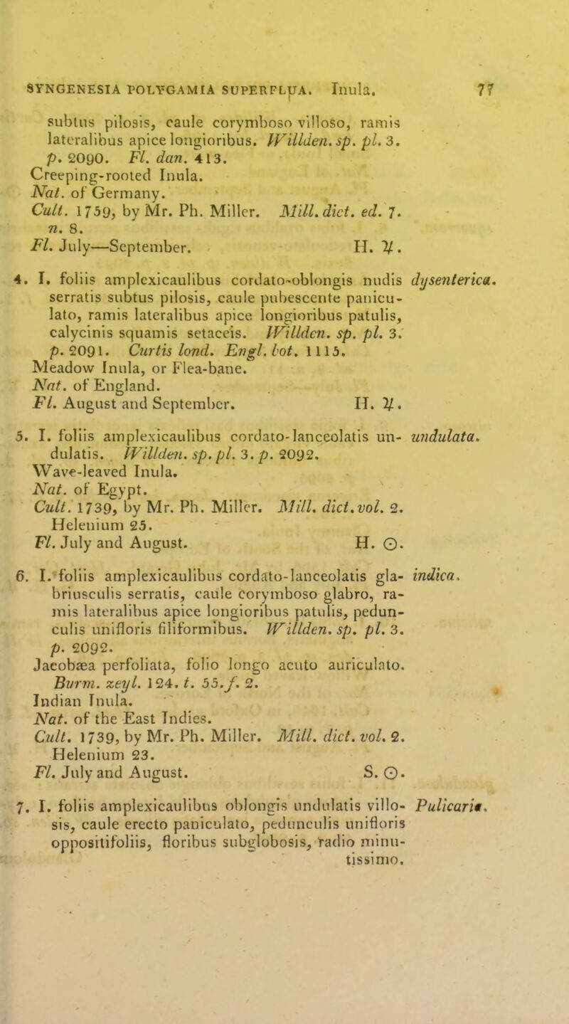 subtus pilosis, caule corymboso villoso, ramis latcralibus apice longioribus. IVillden. sp. pi. 3. p, 2090. FL dan. 413. Creeping-rooted Inula. JVa/. of Germany. Cult. 1759, by Mr. Ph. Miller. Mill. diet. ed. J. n. 8. Fl. July—September. II. 2/ . 4. I. folii? amplcxicaulibus cordato-oblongis nudis dijsenterica, serratis subtus pilosis, caule pubescente paiiicu- lato, ramis lateralibus apice longioribus patulis, calycinis squamis setaceis. JVilLdcn. sp. pi. 3. p. 2091. Curtis lond. Engl. iot. 1115. Meadow Inula, or Flea-bane. Nnt. of England. FL August and September. H. %, 5. I. foliis amplexicaulibus cordaio-lanceolatis un- undulata. dulatis. IVillden. sp. pi. 3. p. 2092. Wave-leaved Inula. Nat. of Egypt. Cult. 1739, by Mr. Ph. Miller. Mill. diet.vol. 2. Helenium 25. Fl. July and August. H. Q. 6. I. foliis amplexicaulibus cordato-lanceolatis gla- indica. briusculis serratis, caule corymboso glabro, ra- mis lateralibus apice longioribus patolis, pedun- culis unifloris filiformibus. Willden. sp. pi. 3. p. 2092. Jacobaea perfoliata, folio longn acuto auriculato. Burm. zeyl. 124. t. 55./. 2. Indian Inula. Nat. of the East Indies. Ctdt. 1739, by Mr. Ph. Miller. Mill. did. vol. 2. Helenium 23. Fl. July and August. S. Q. 7. I. foliis amplexicaulibus oblongis undulatis villo- PullcarU. sis, caule erecto paniculato, pedunculis unifloris opposilifoliisj floribus subglobosis, radio niinu- tissinio.