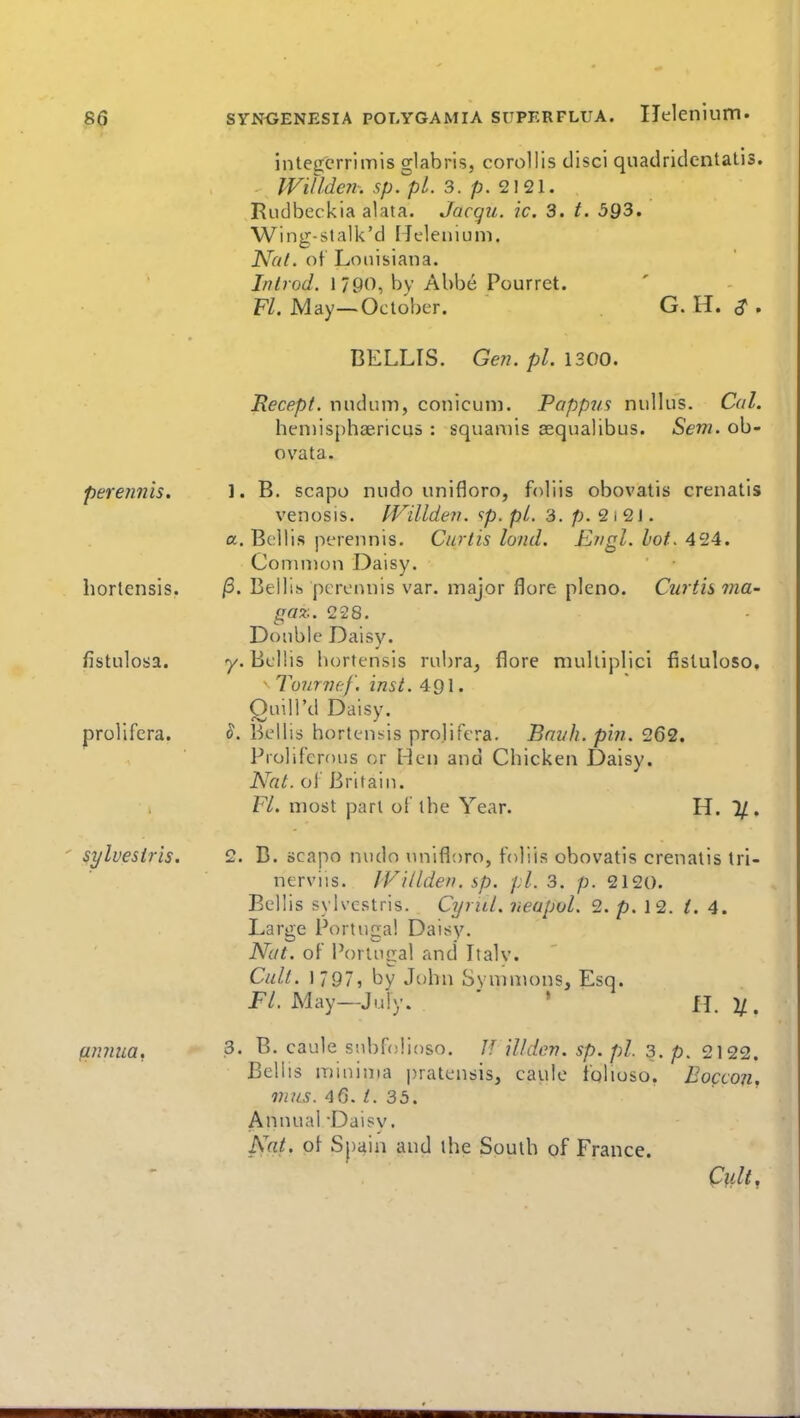 perennis. hortensis. fistulosa. prolifera. sylvesiris. fimma. intecerriiTiis glabris, corollis disci quadridentalis. IVillden. sp. pi. 3. p. Rudbeckia alata. Jacgu. ic. 3. t. 593. Wing-stalk'd Helenium. JSlat. of Louisiana. Inlrod. 1790, bv Abbe Pourret. Fl. May—October. G. H. ^ . BELLIS. Gen. pi. \300. Recept. nudum, conicuni. Pappus nuUus. Col. heniisphaericus : squamis aequalibus. Sem. ob- ovata. 1. B. scapo nudo unifloro, foliis obovatis crenatis venosis. IVillden. sp. pi. 3. p. 2 i 21. a. Bellis perennis. Curtis land. Engl. hot. 424. Common Daisy. /3. Bellih perennis var. major flore pleno. Curtis ma- ga%. 228. Double Daisy. Bellis bortensis rubra, flore multiplicl fistuloso. Tour 11 (:f. inst. 491. Ouill'd Daisy. ^. Bellis hortensis prolifera. Bnvh. pin. 262. Prolifcrfuis or Hen and Chicken Daisy. Nat. ol Britain. FL most part of the Year. H. 1/. 2. B. scapo nudo \mifl!)ro, foliis obovatis crenatis tri- nerviis. IVillden. sp. pi. 3. p. 2120. Bellis sylvcstris. Cijrul. ?,eapoL 2. p. 12. /. 4. Large Portugal Daisy. Nat. oF Portugal and Italv. Cult. 1797, by John Synimons, Esq. FL May—July. ' » H. ]/. 3. B. caule subfolioso. If ill den. sp. pi. 3. p. 2122. Bellis minima pratensis, caule toliuso. Boccoii. inns. 46. t. 35. Annual -Daisy. Nat. o\ Spain and the South of France. Quit,